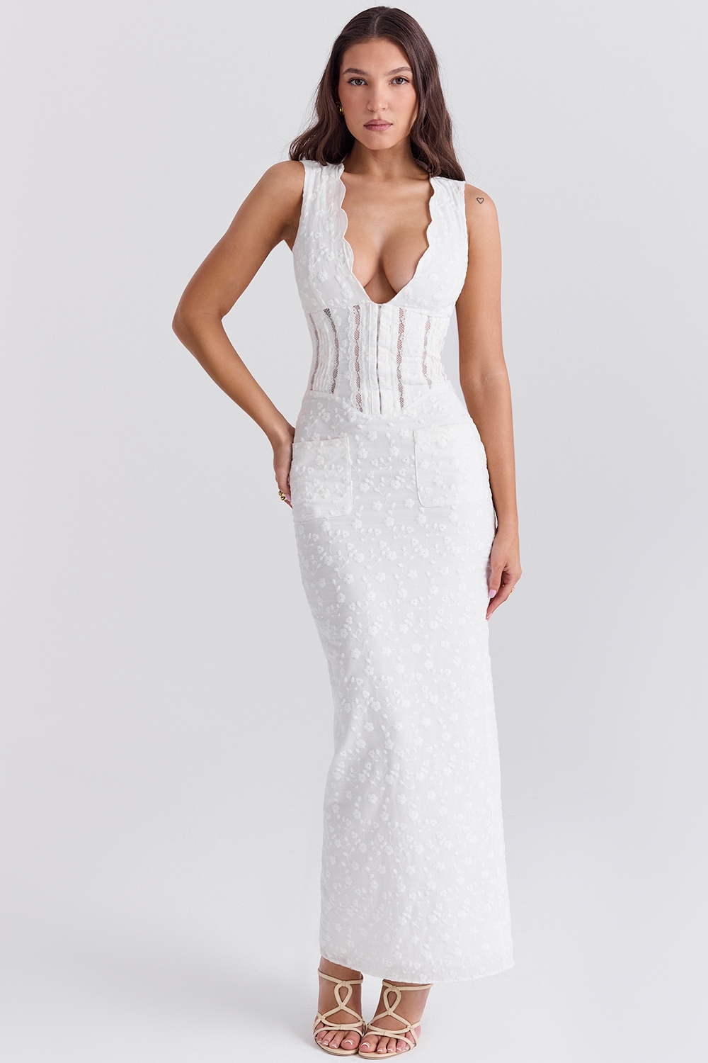 Sophina-White Cotton Broderie Anglais Plunge Maxi Dress