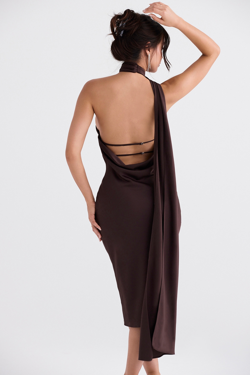 Angelina-Chocolate Wrap Neck Midi Dress