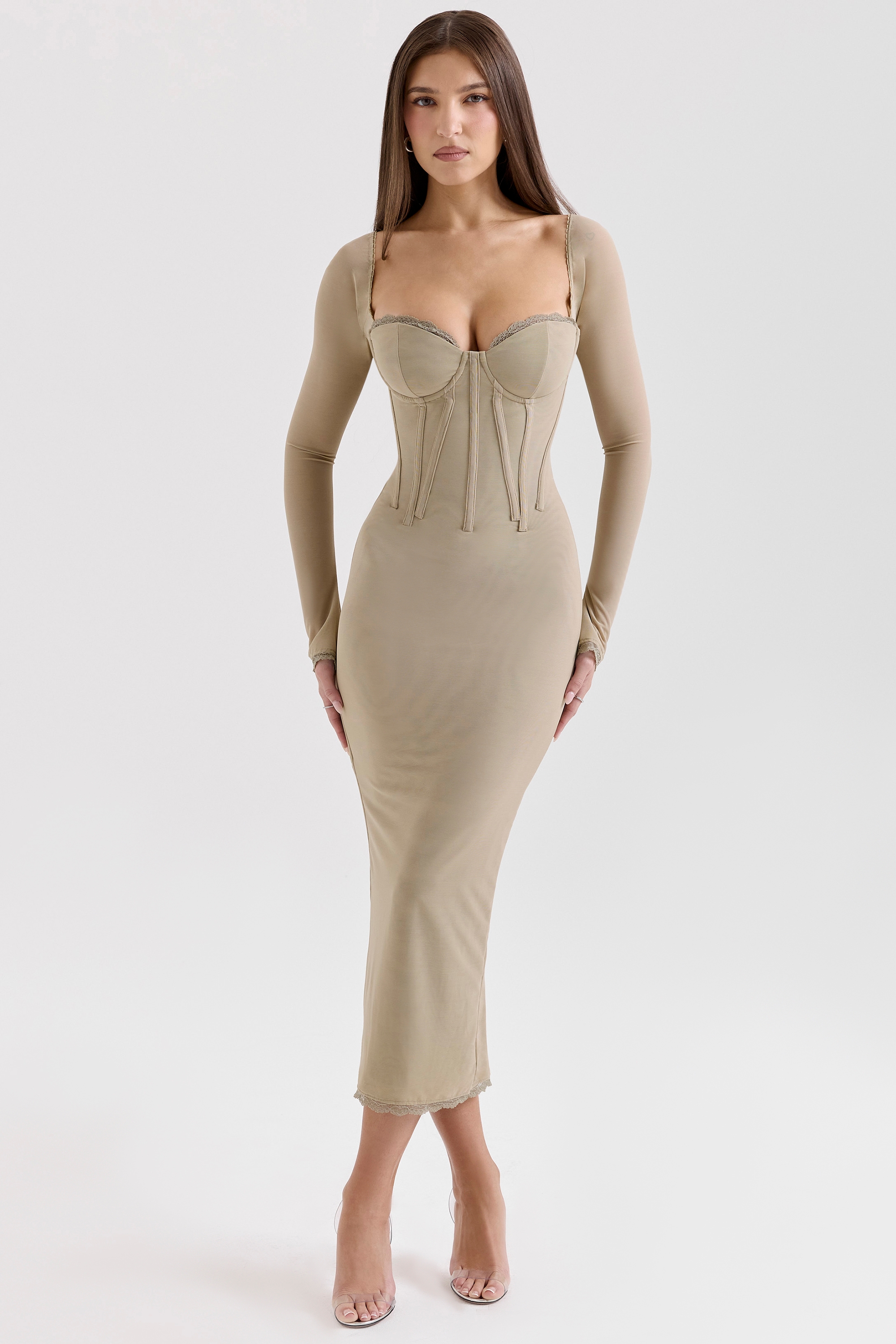 Saisha-Beige Mesh Long Sleeve Bodycon Midi Dress