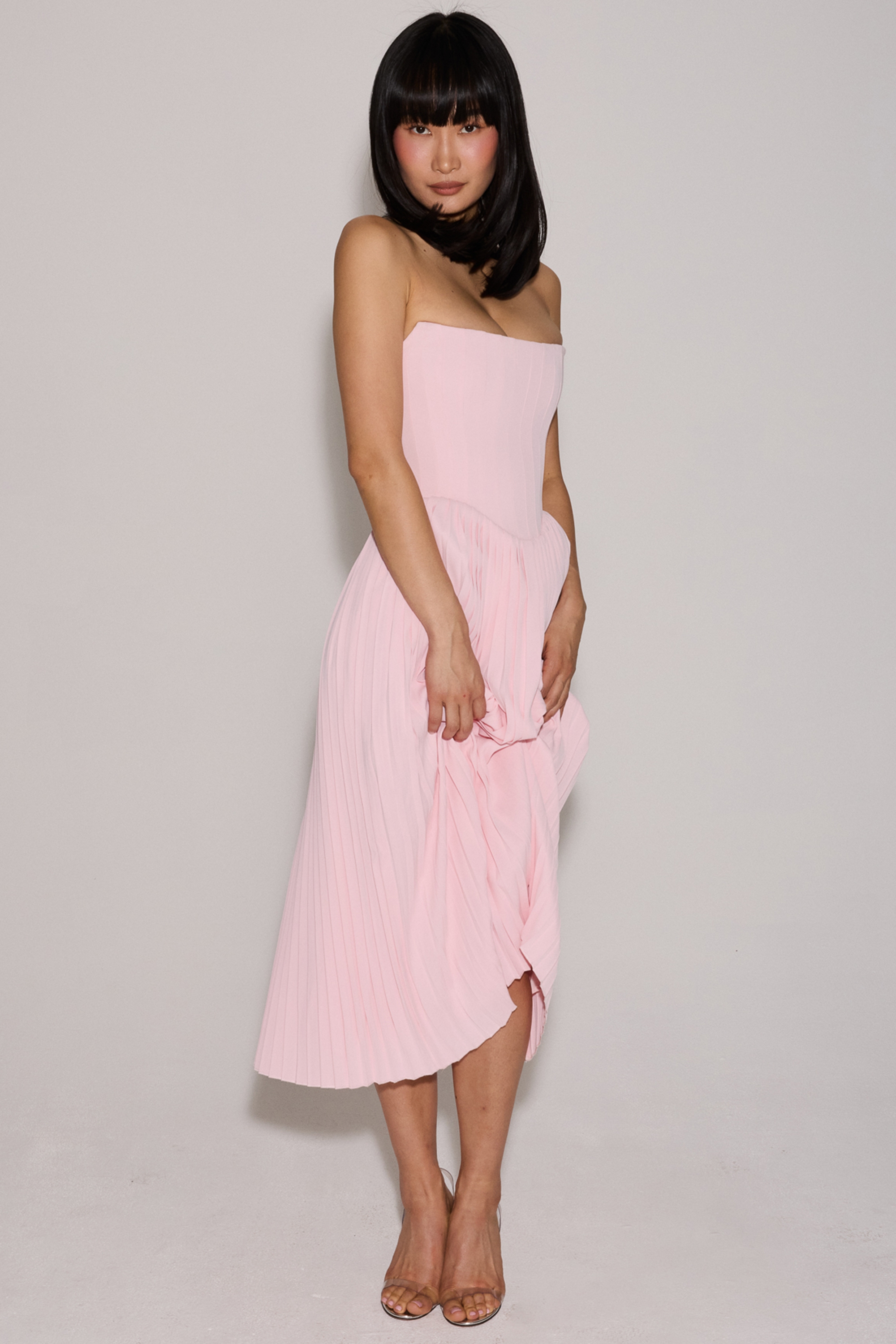 Marci-Pink Pleated Midi Corset Dress