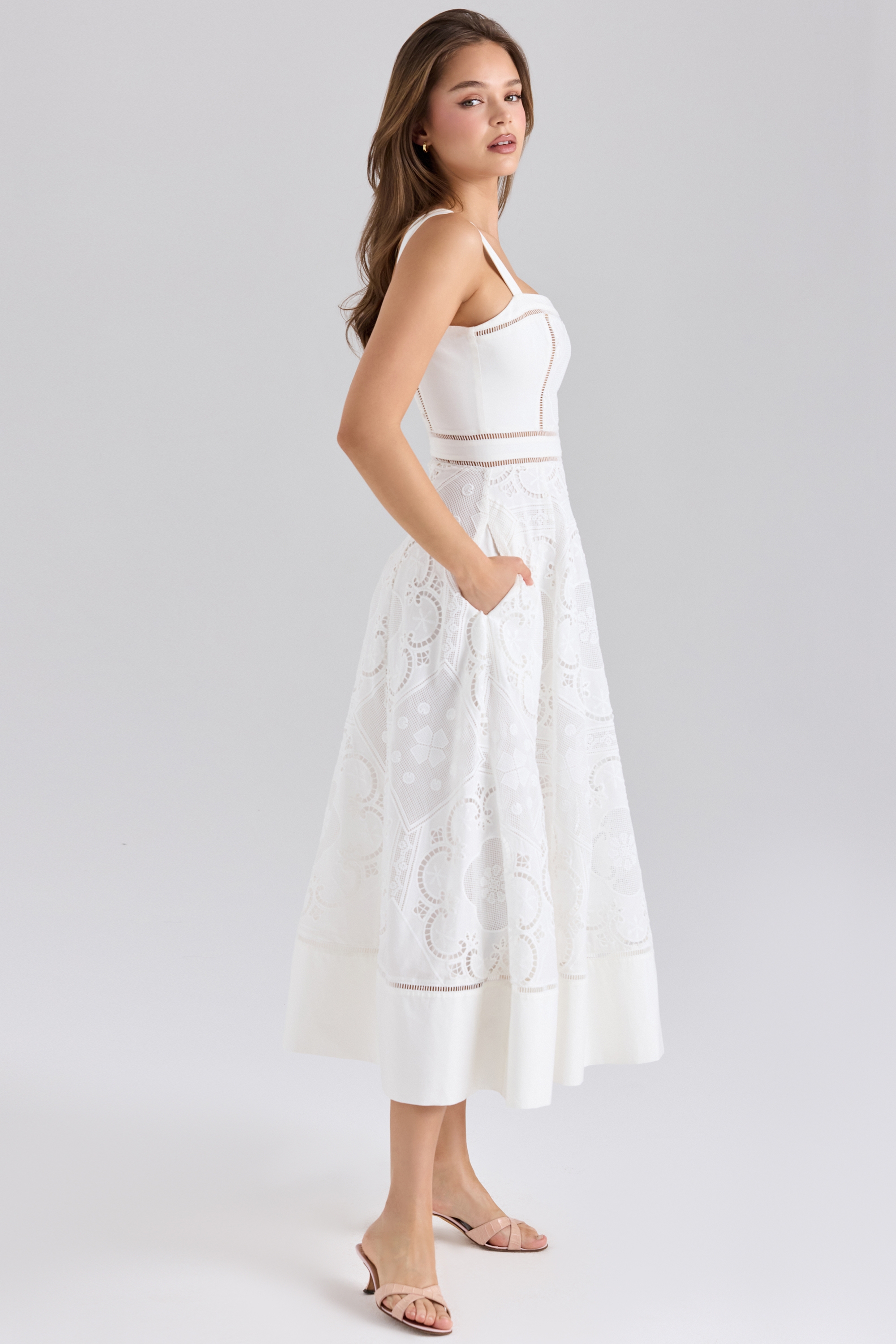 Ava-White Stretch Cotton Broderie Anglaise Midi Dress