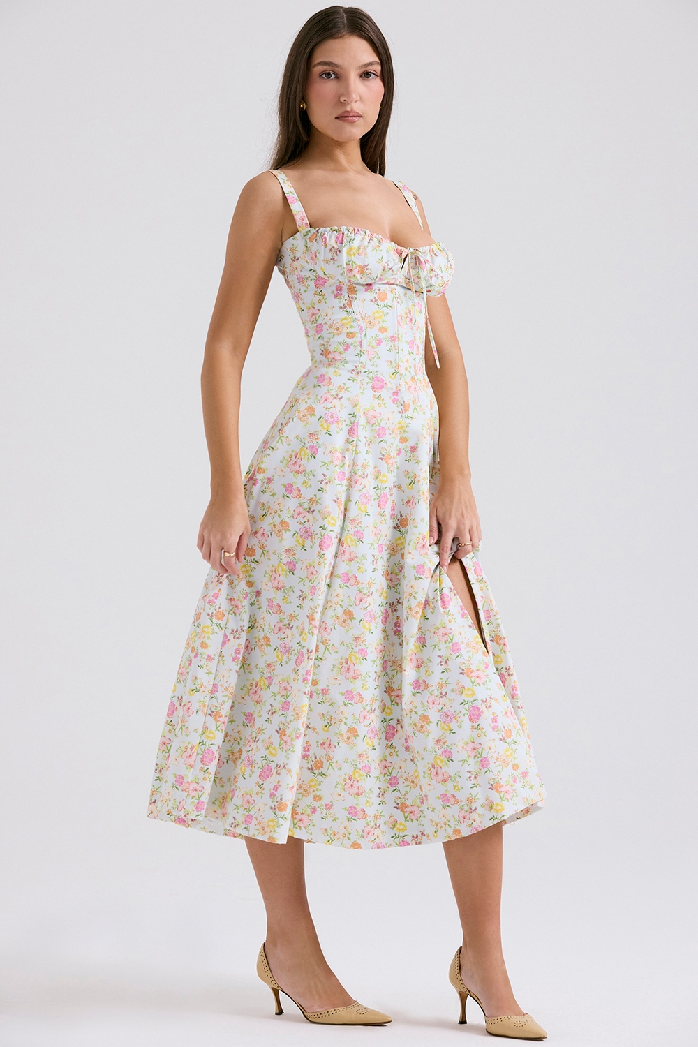 Carmen-Pale Blue Meadow Print Cotton Bustier Sundress