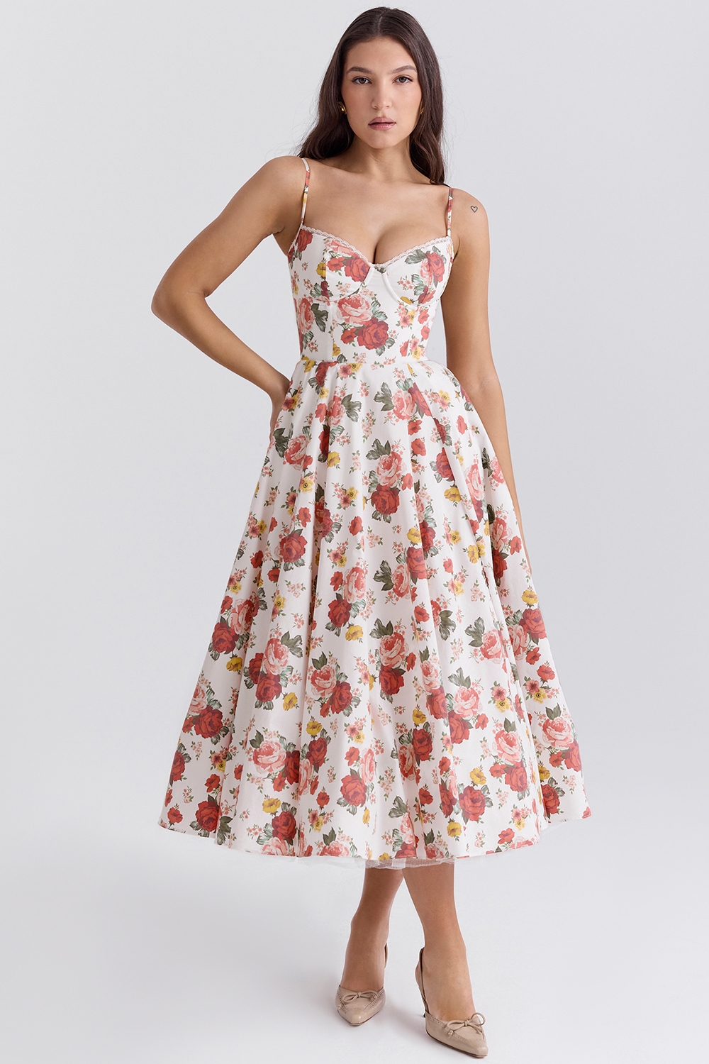 Mademoiselle-Italian Rose Print Tulle Midi Dress