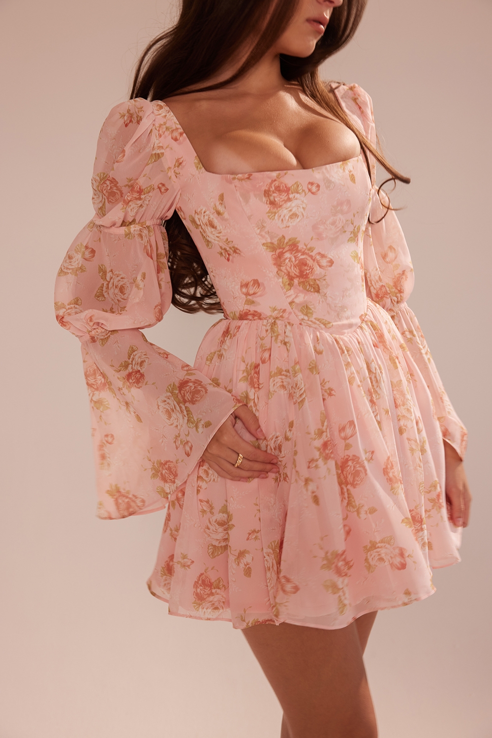 Sancia-English Vintage Rose Print Puff Sleeve Mini Dress