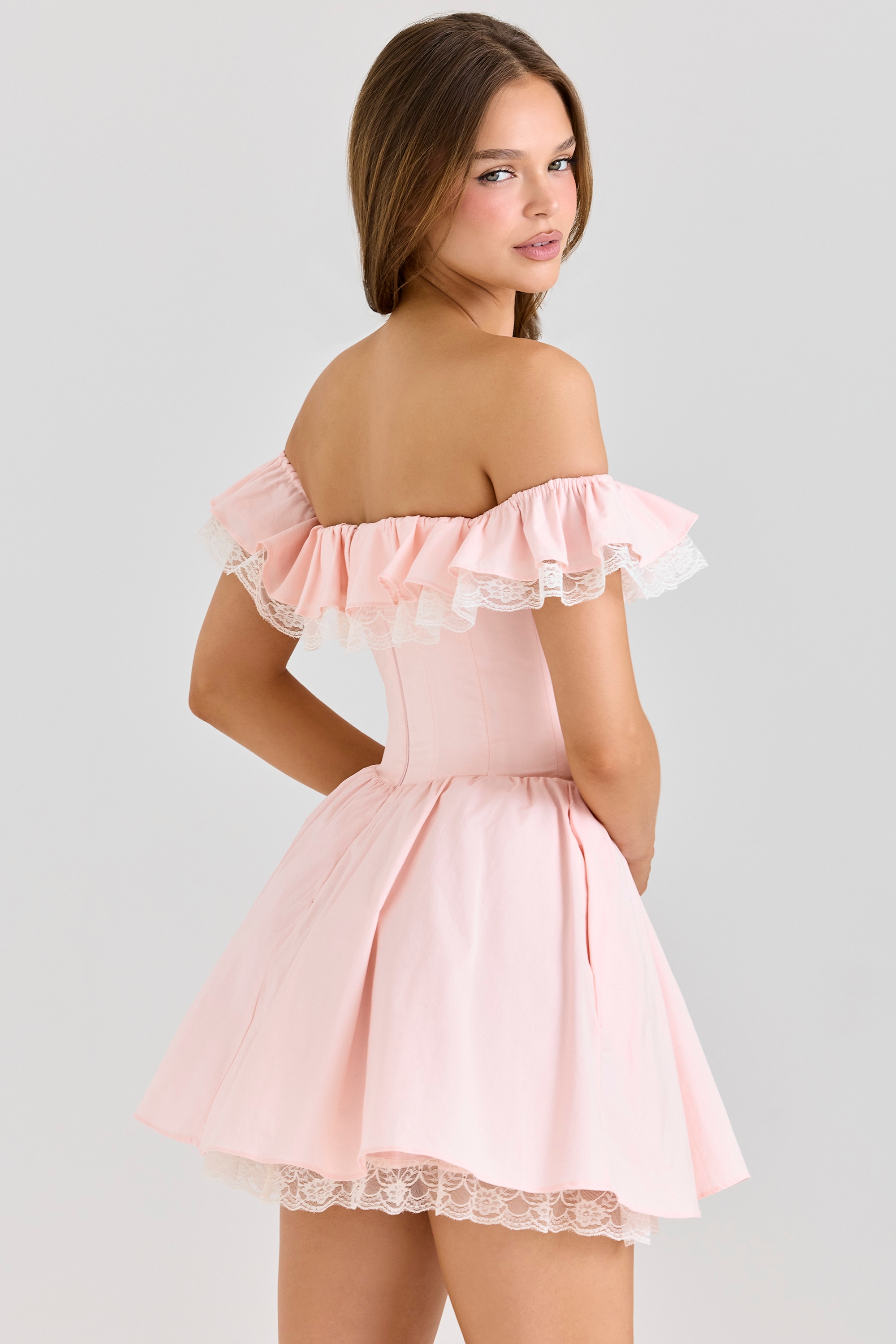 Jaide-Pink Stretch Cotton Off Shoulder Corset Mini Dress
