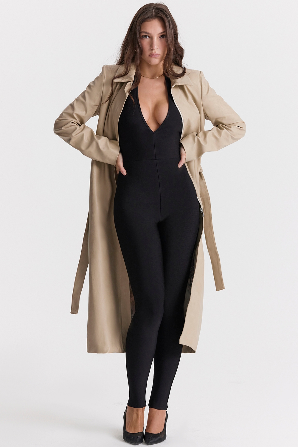 Ariel-Beige Vegan Leather Trench Coat