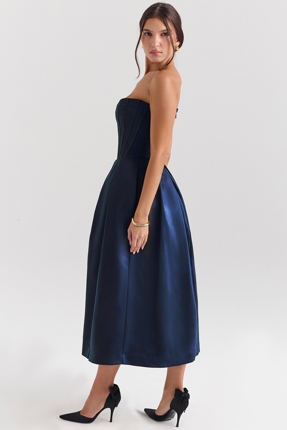 Bellina-Midnight Blue Strapless Detachable Bow Midi Dress