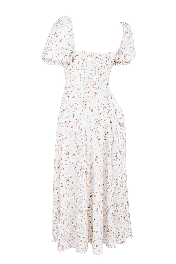 Tallulah-White Posy Print Cotton Puff Sleeve Midi Sundress