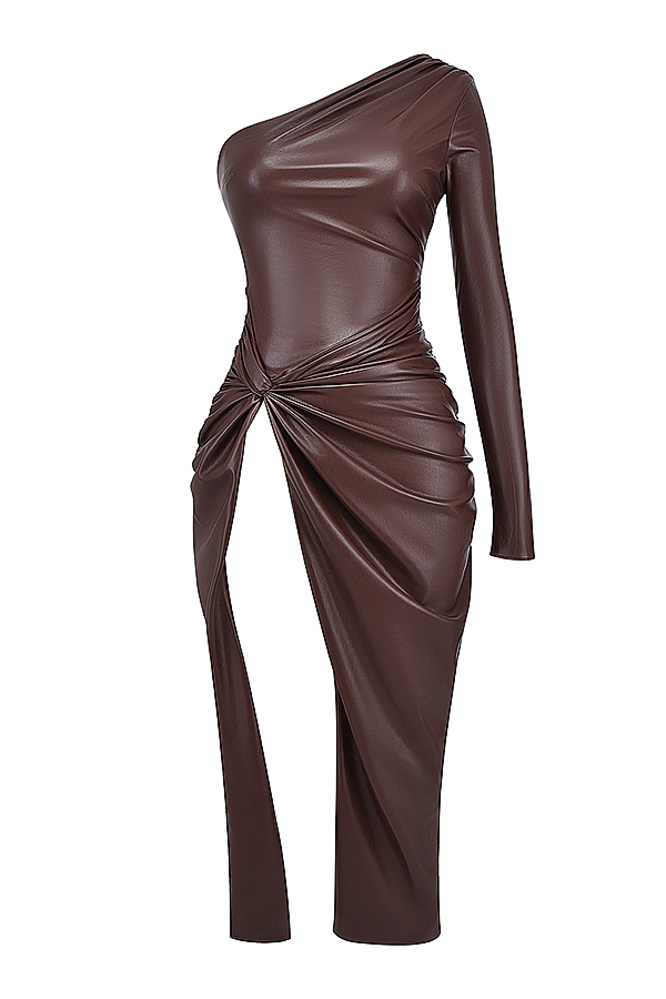 Octavia-Cocoa Vegan Leather Maxi Dress