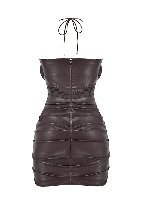 Olivia-Bitter Chocolate Vegan Leather Mini Dress