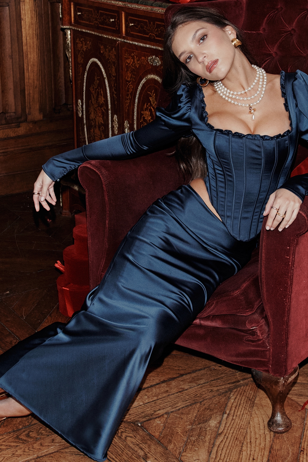 Charlene-Navy Satin Bias Cut Maxi Skirt