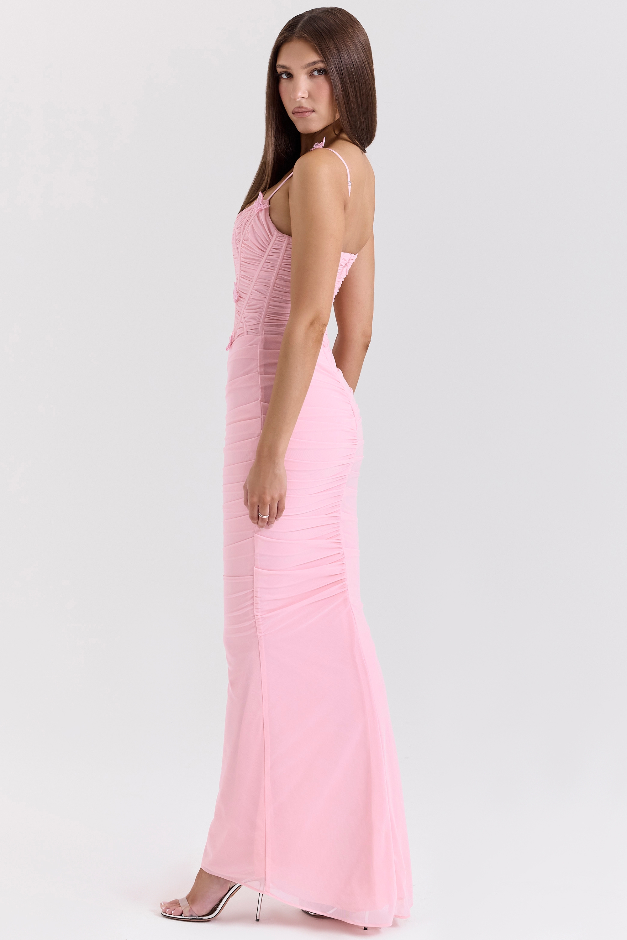 Romola-Pink Stretch Mesh Butterfly Maxi Dress