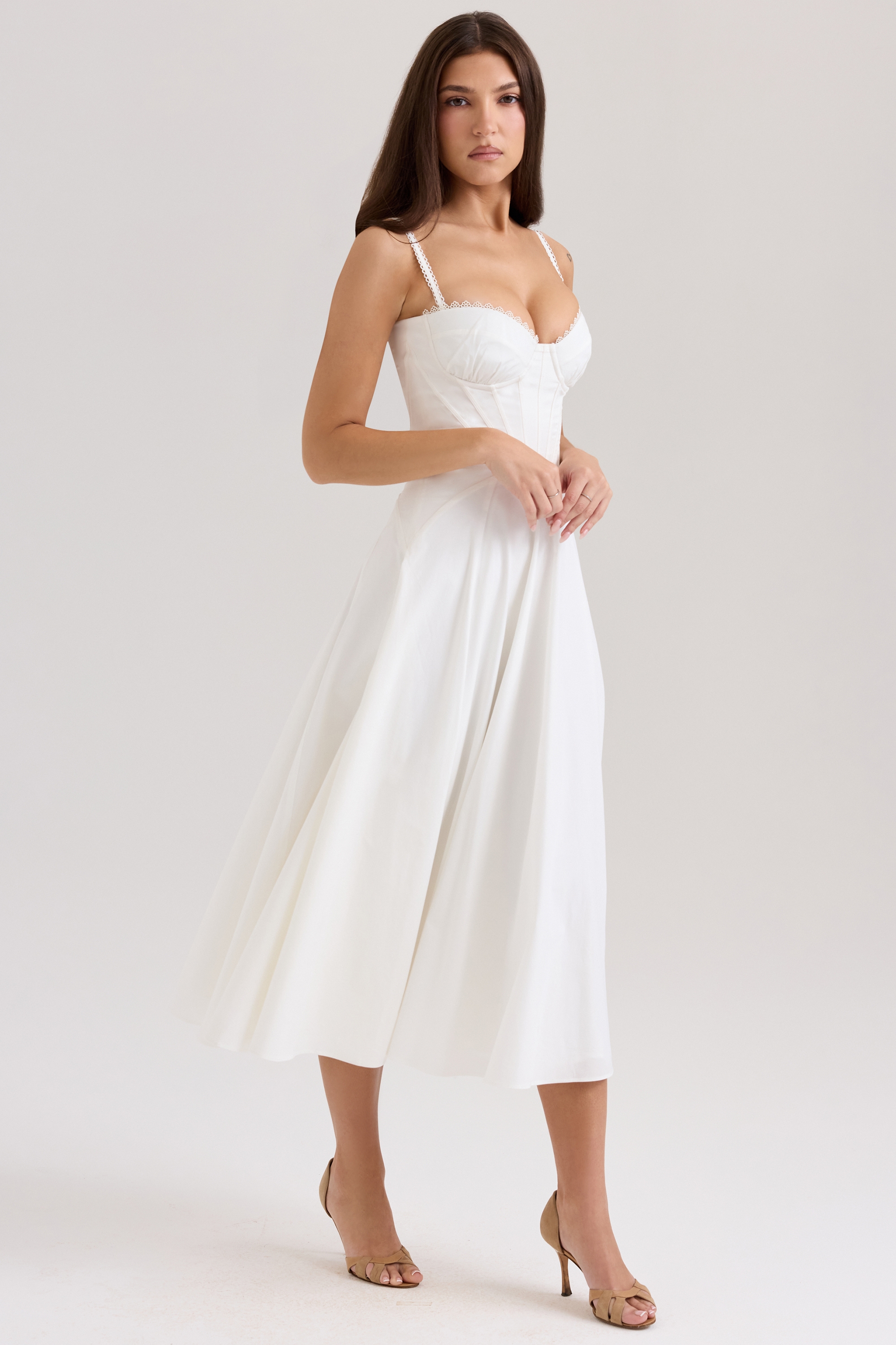 Steffani-White Stretch Cotton Midi Sundress