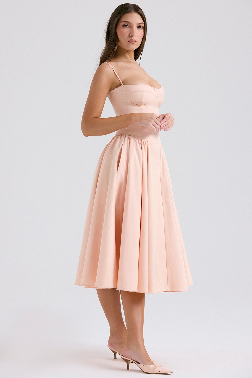 Samaria-Peach Parfait Twill Corset Midi Dress