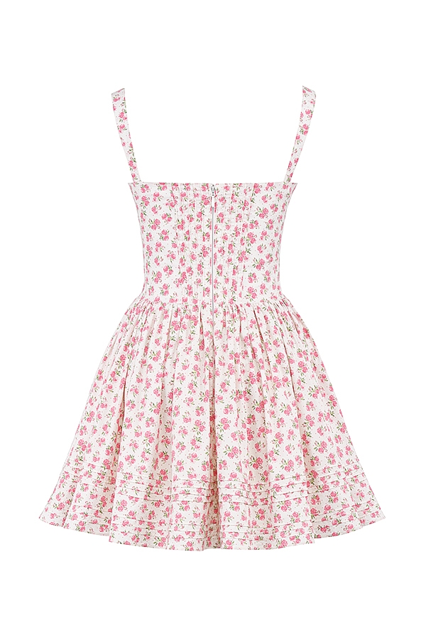 Natassia-White Rosebud Print Cotton Mini Dress
