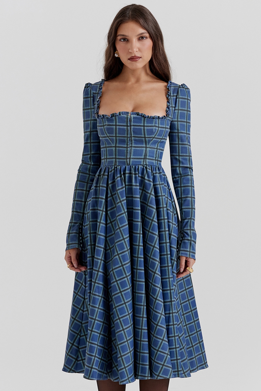 Delia-Blue Tartan Midi Dress