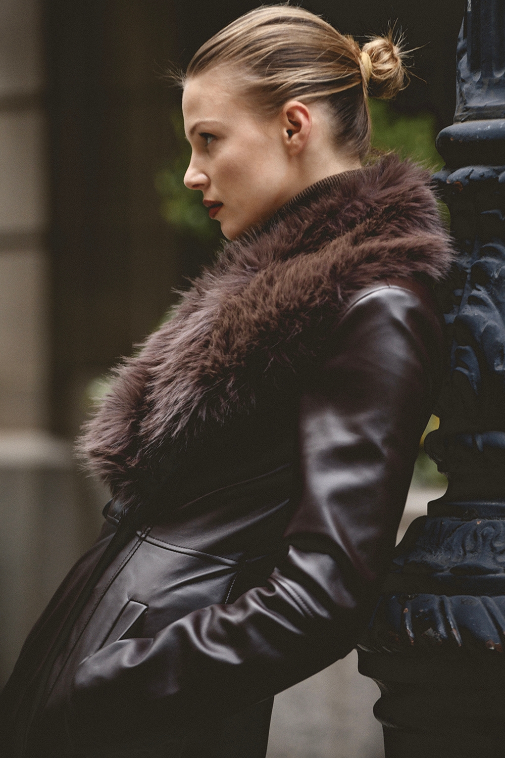 Marcel-Brown Faux Fur Trimmed Vegan Leather Coat