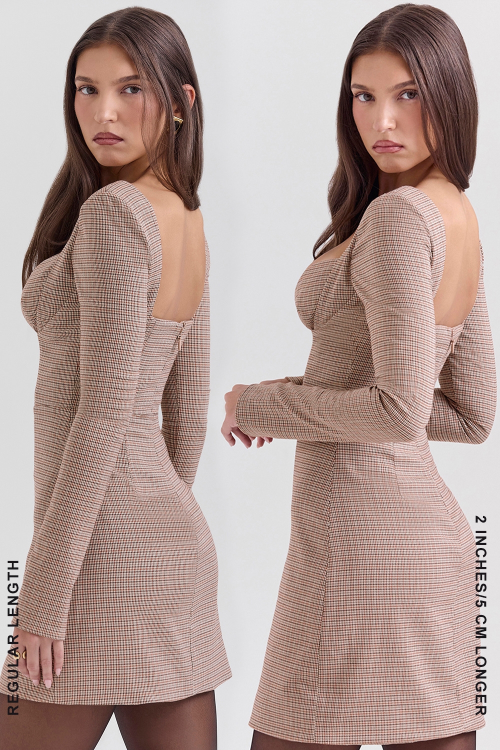 Angelie-Brown Puppytooth Check Plunge Mini Dress - SALE