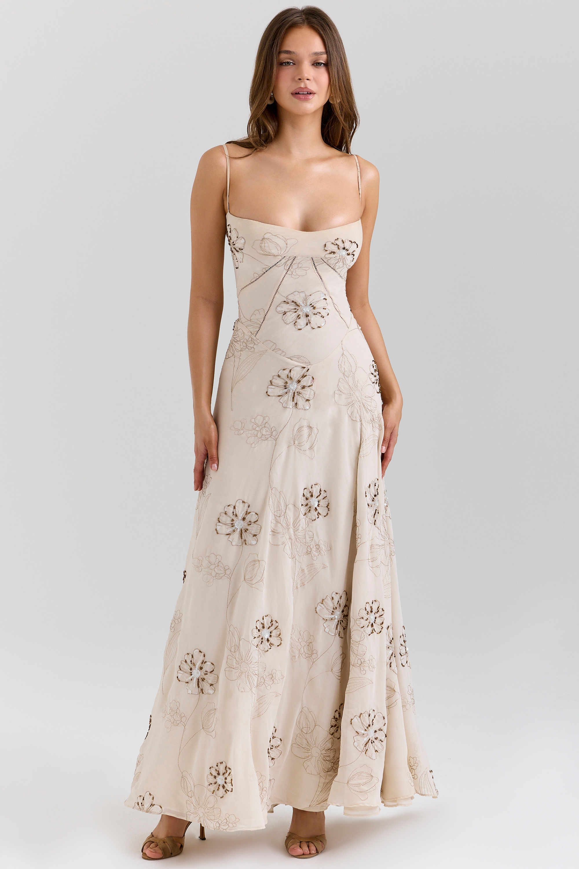 Seren-Vanilla Embroidered Hand Beaded Floral Maxi Dress