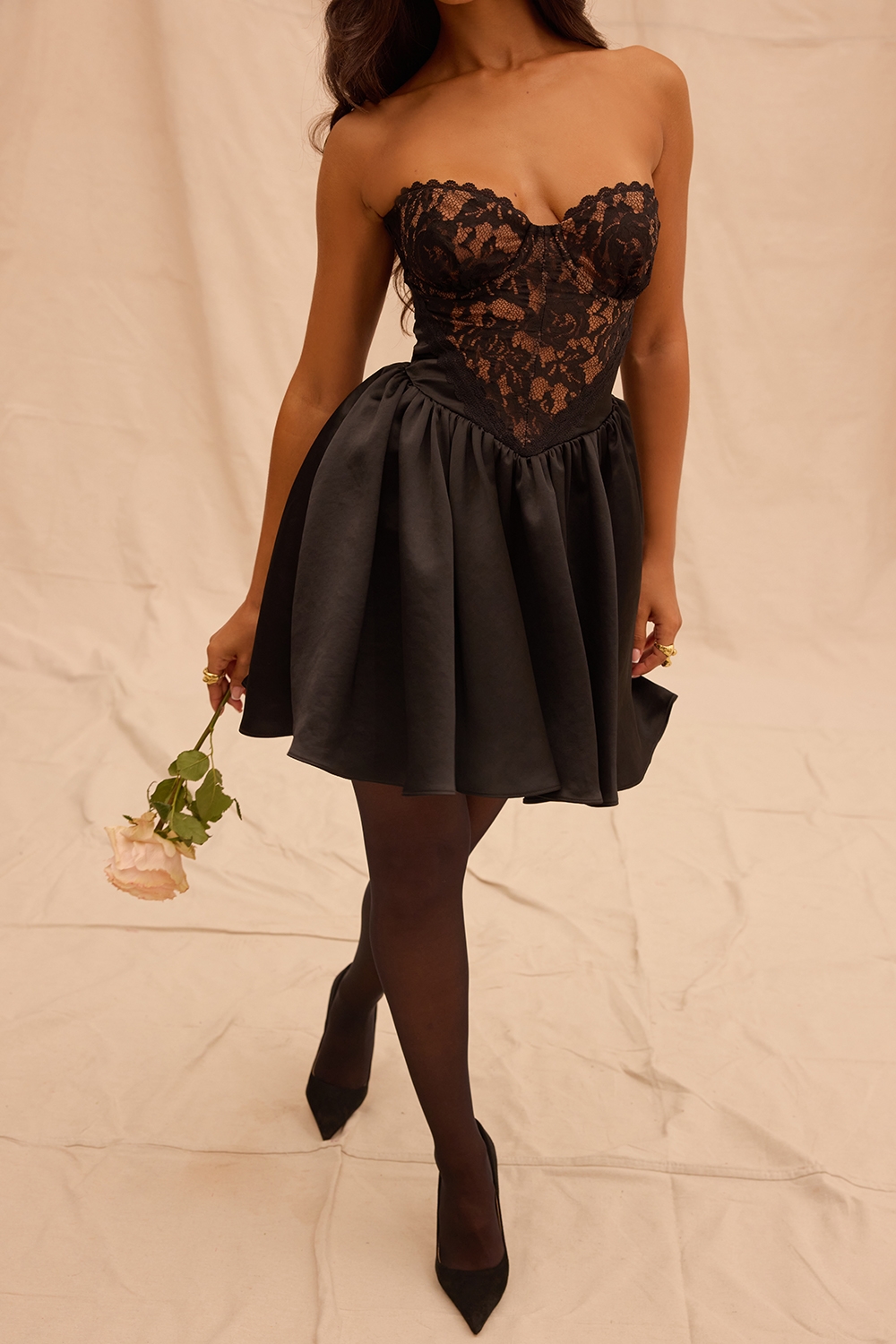 Jadore-Black Lace and Satin Strapless Mini Dress