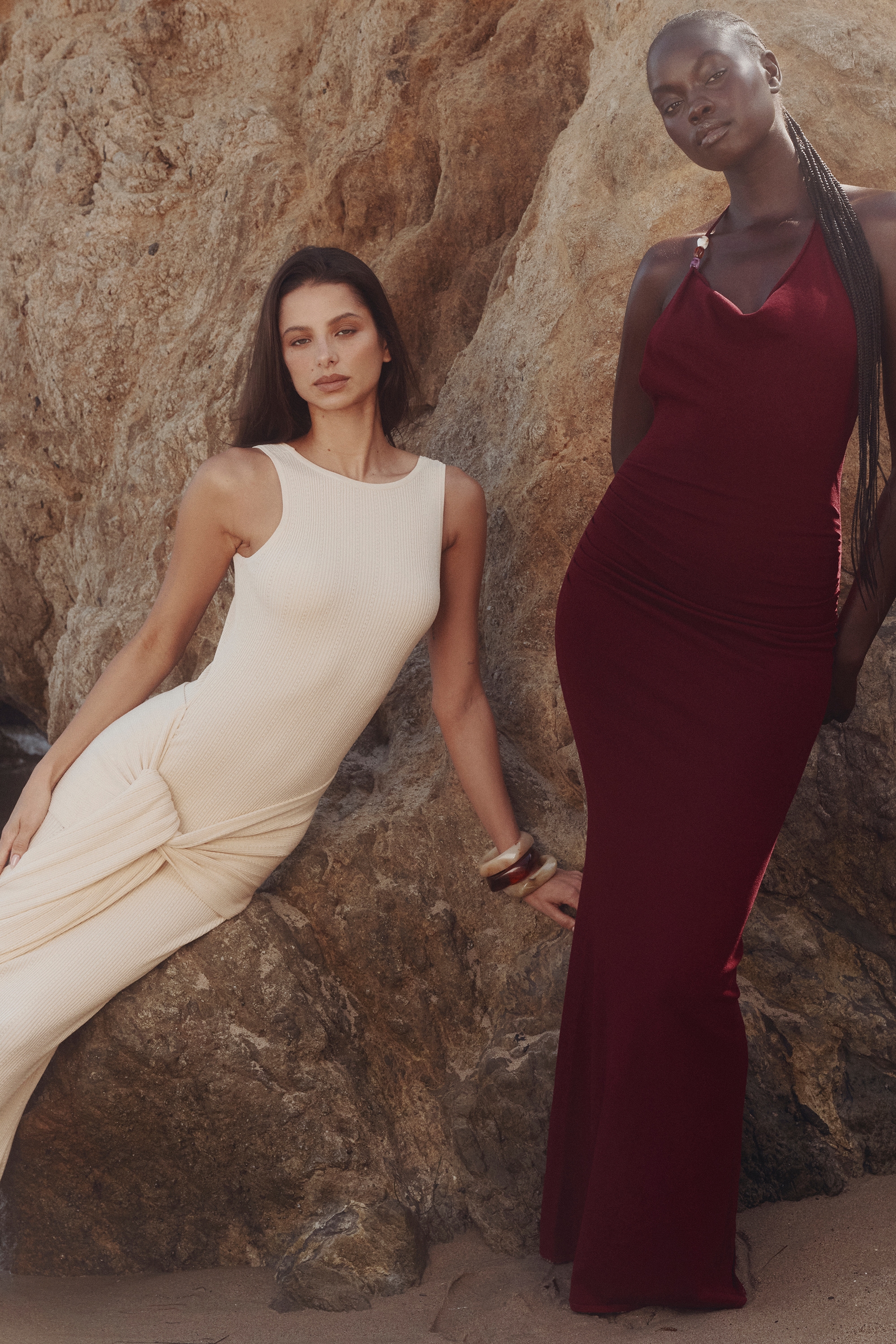Thalina-Wine Draped Halter Neck Knit Maxi Dress