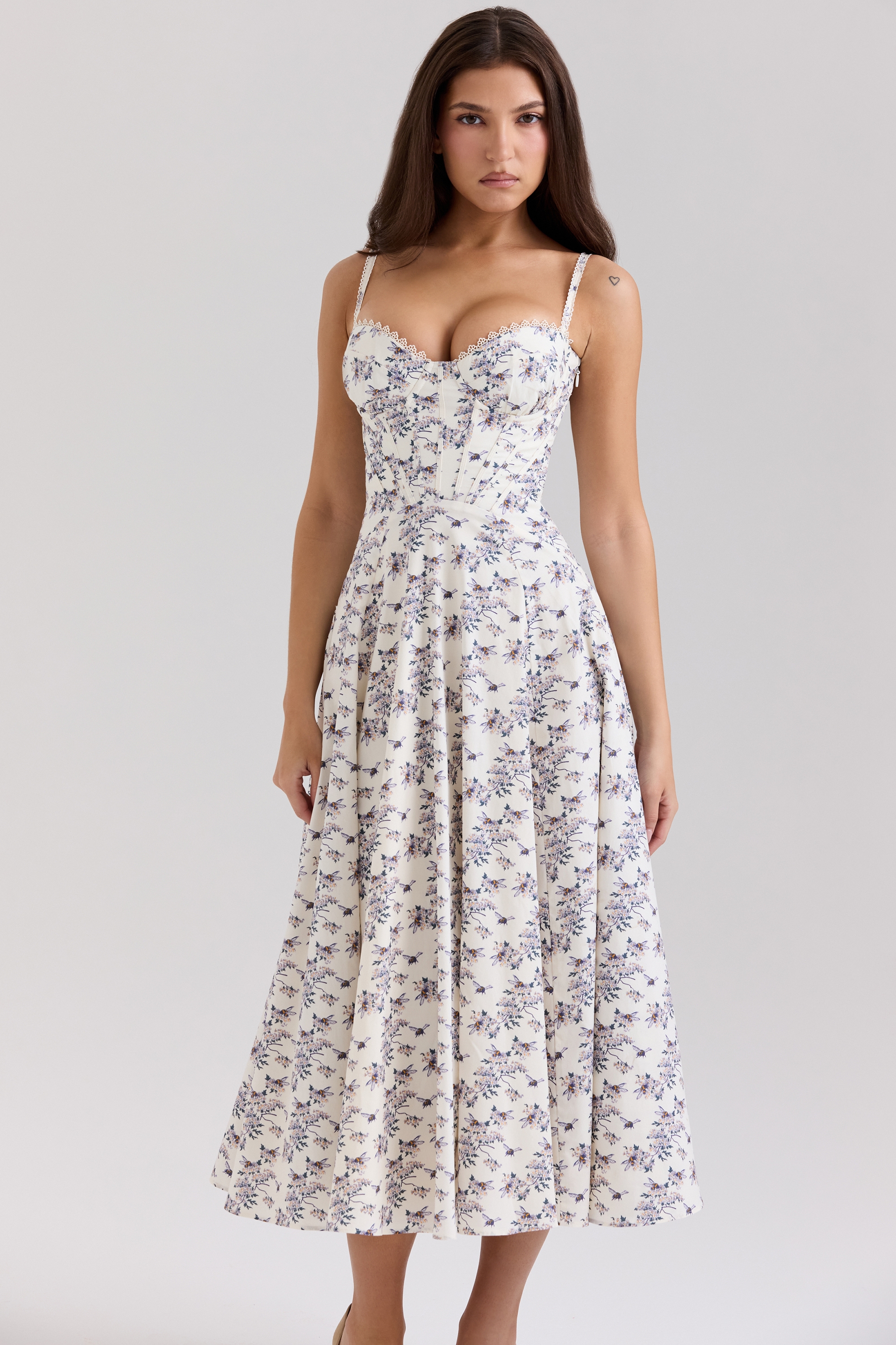 Steffani-Cream Stretch Cotton Floral Print Midi Sundress