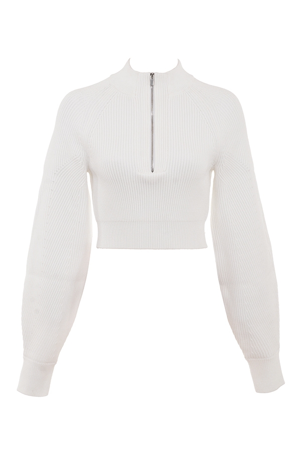 Reeva-White Balloon Sleeve Ribbed Sweater - SALE