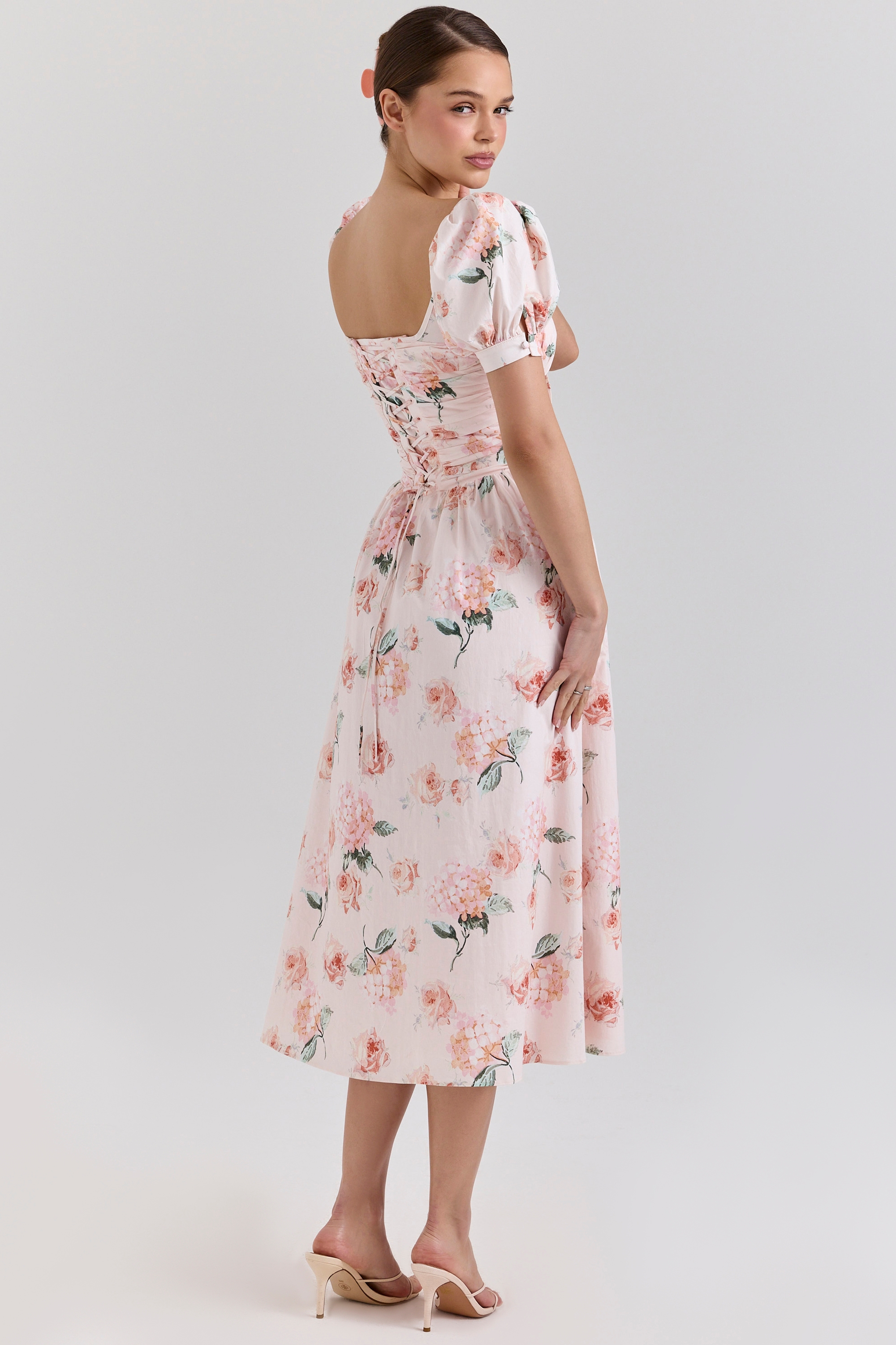 Lulabell-Peach Floral Cotton Puff Sleeve Midi Dress