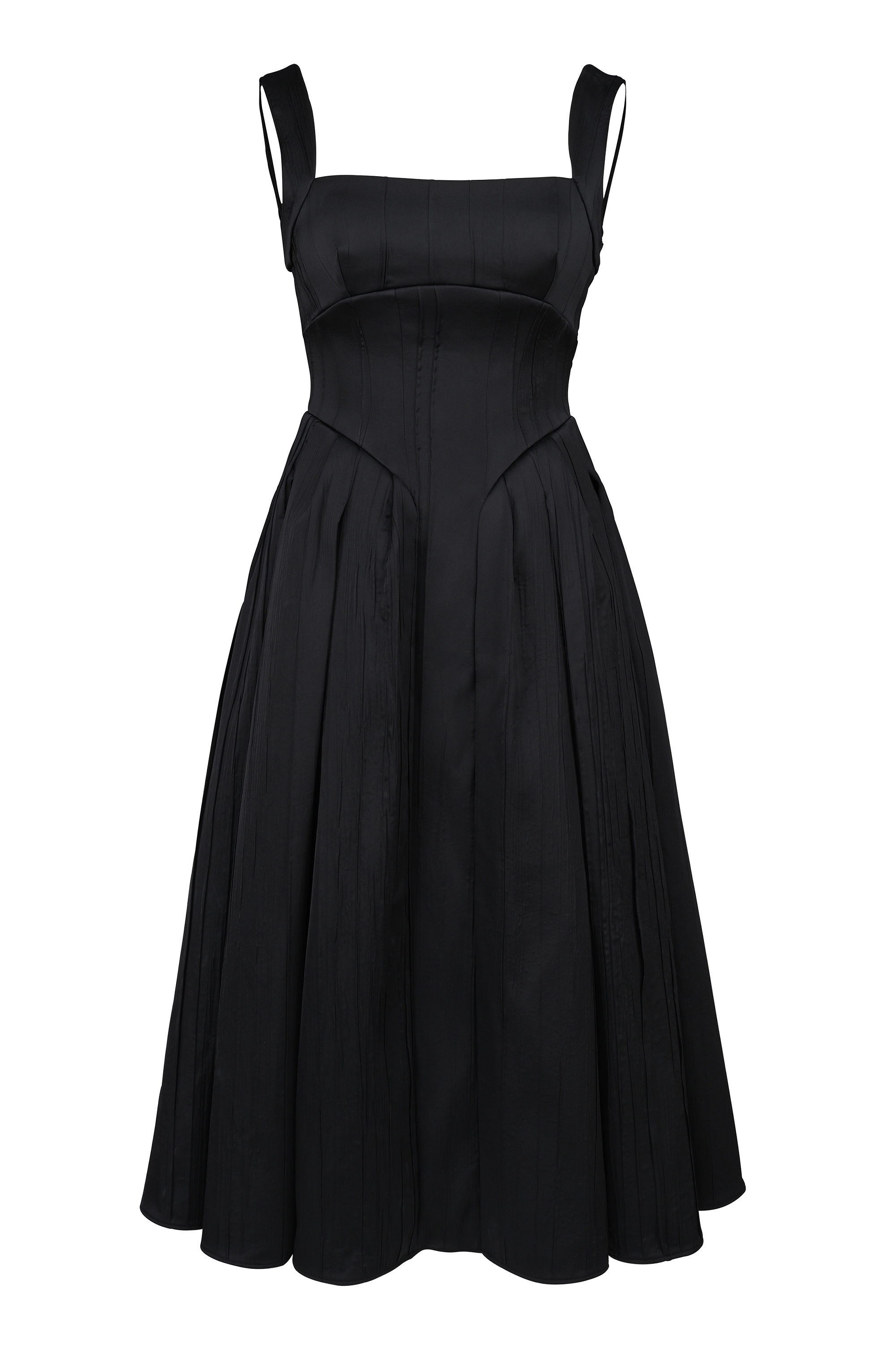 Isabeau-Black Textured Satin Corset Midi Dress