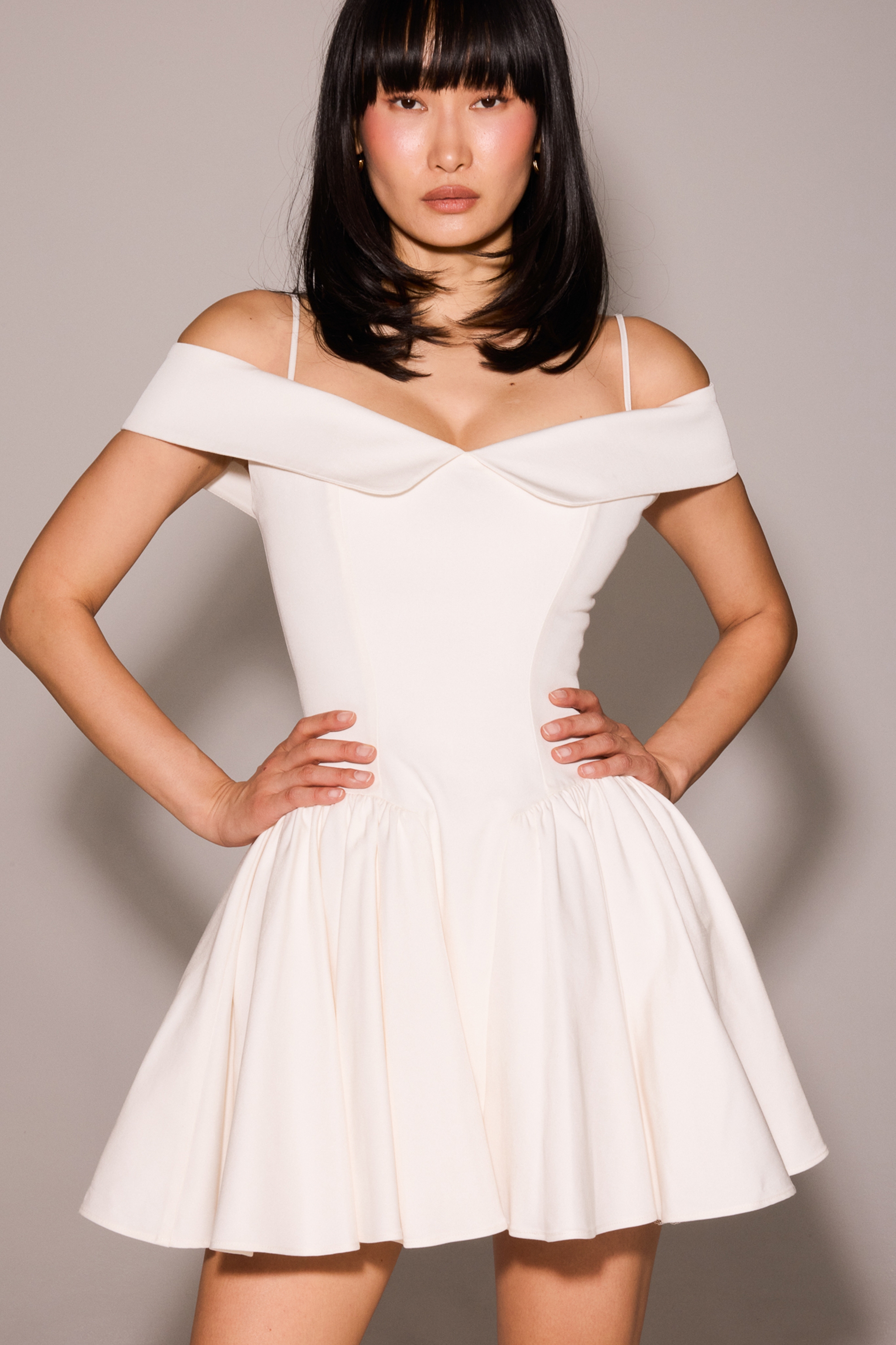 Elida-White Twill Off Shoulder Mini Dress