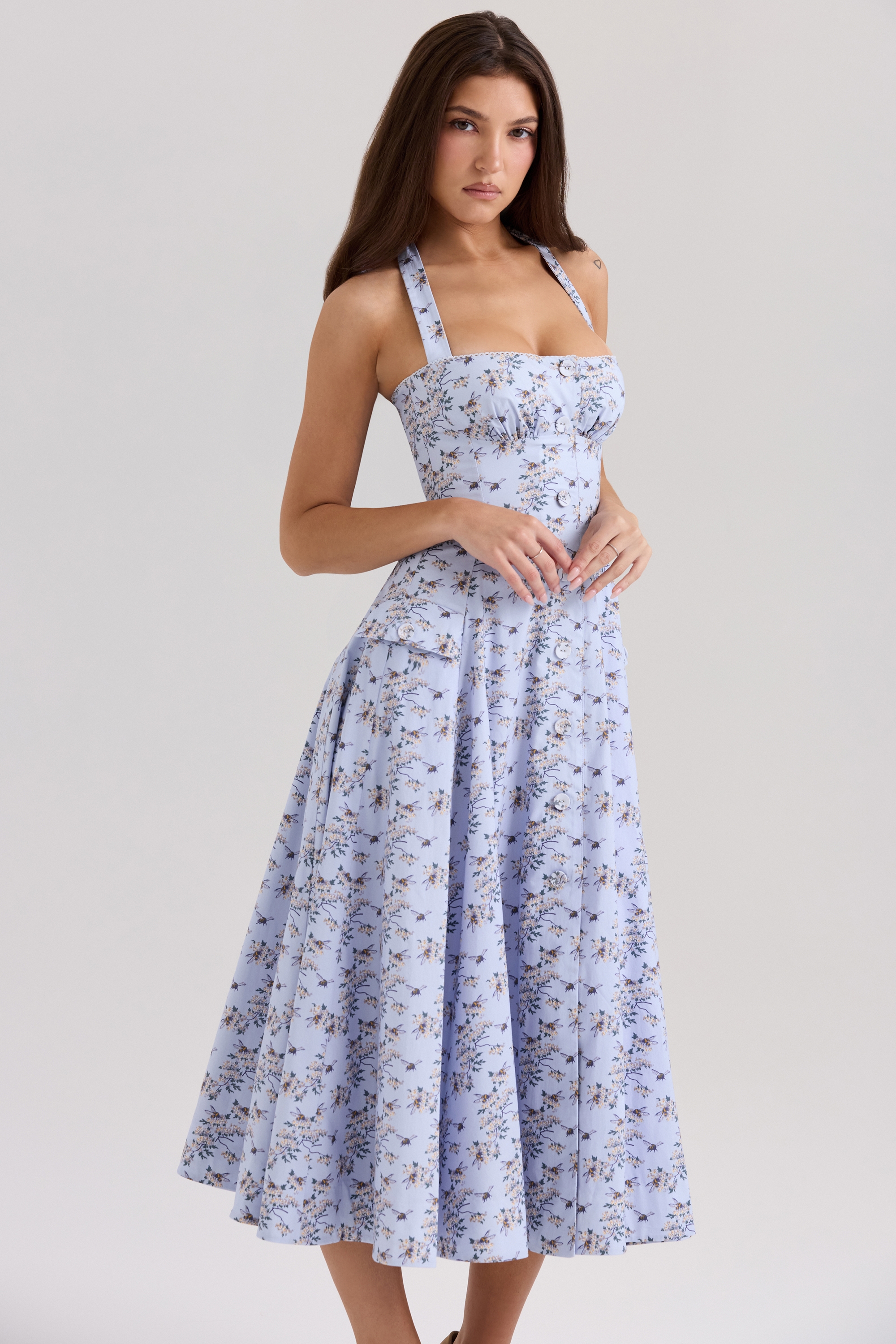 Claudia-Blue Floral Print Stretch Cotton Halter Neck Midi Dress