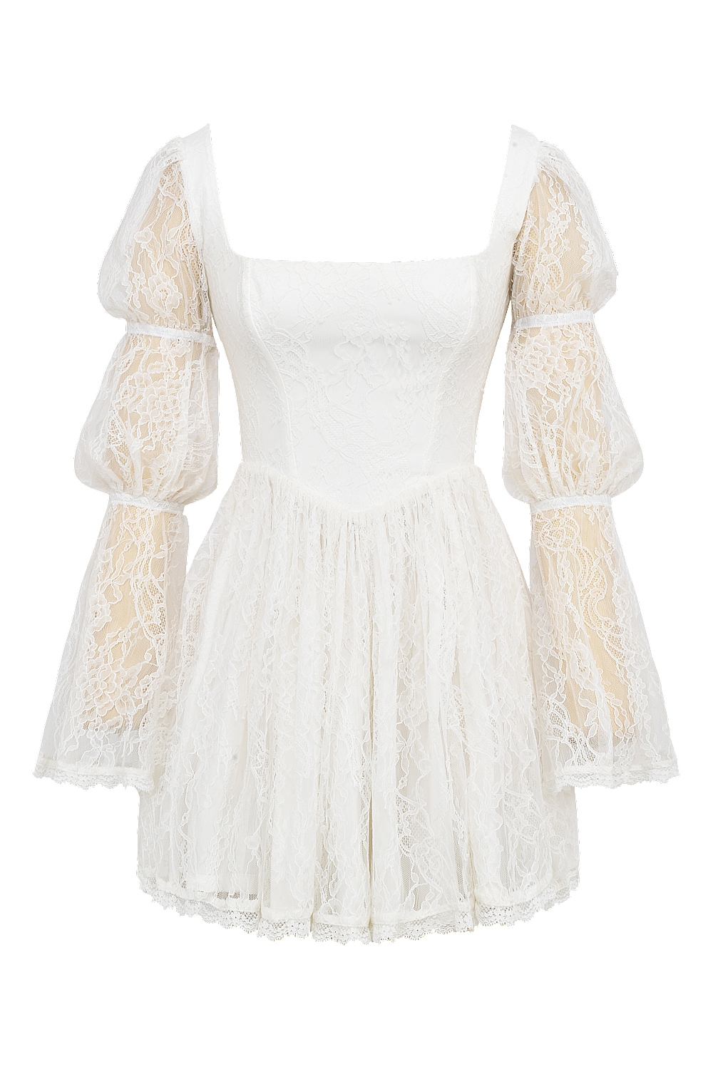 Sancia-White Lace Puff Sleeve Mini Dress