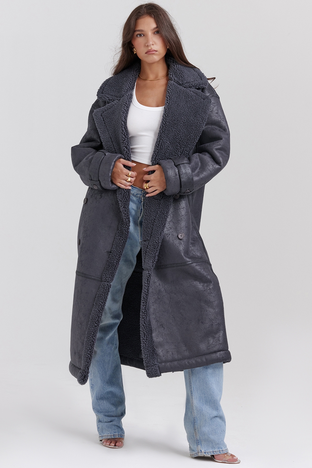 Deiji-Grey Vegan Shearling Coat