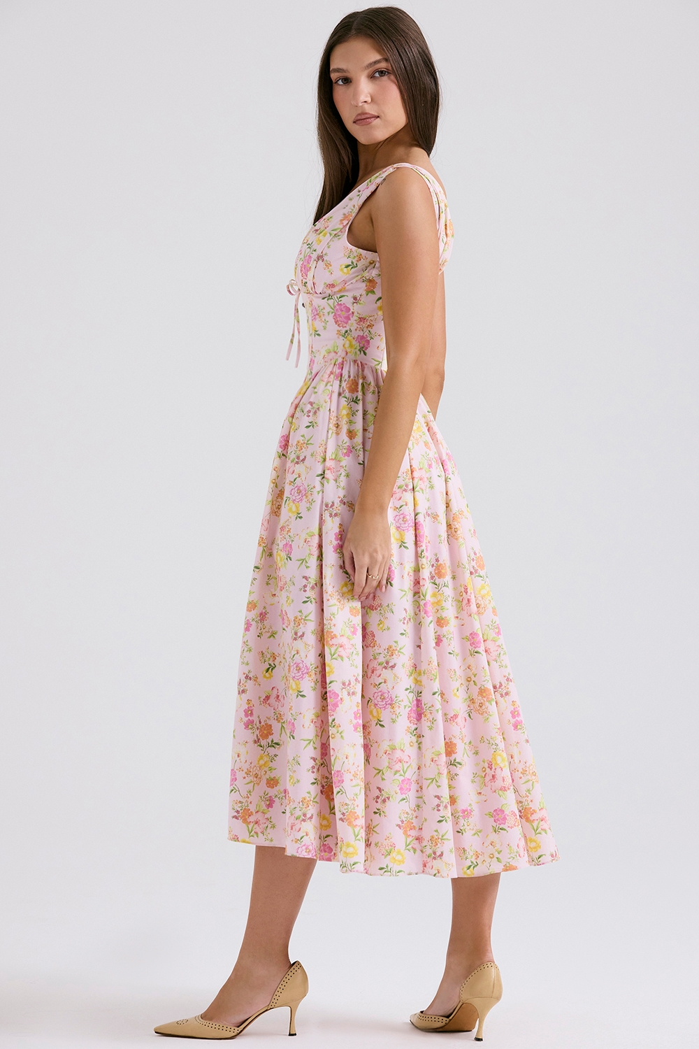 Emmelina-Pink Meadow Print Cotton Corset Sundress