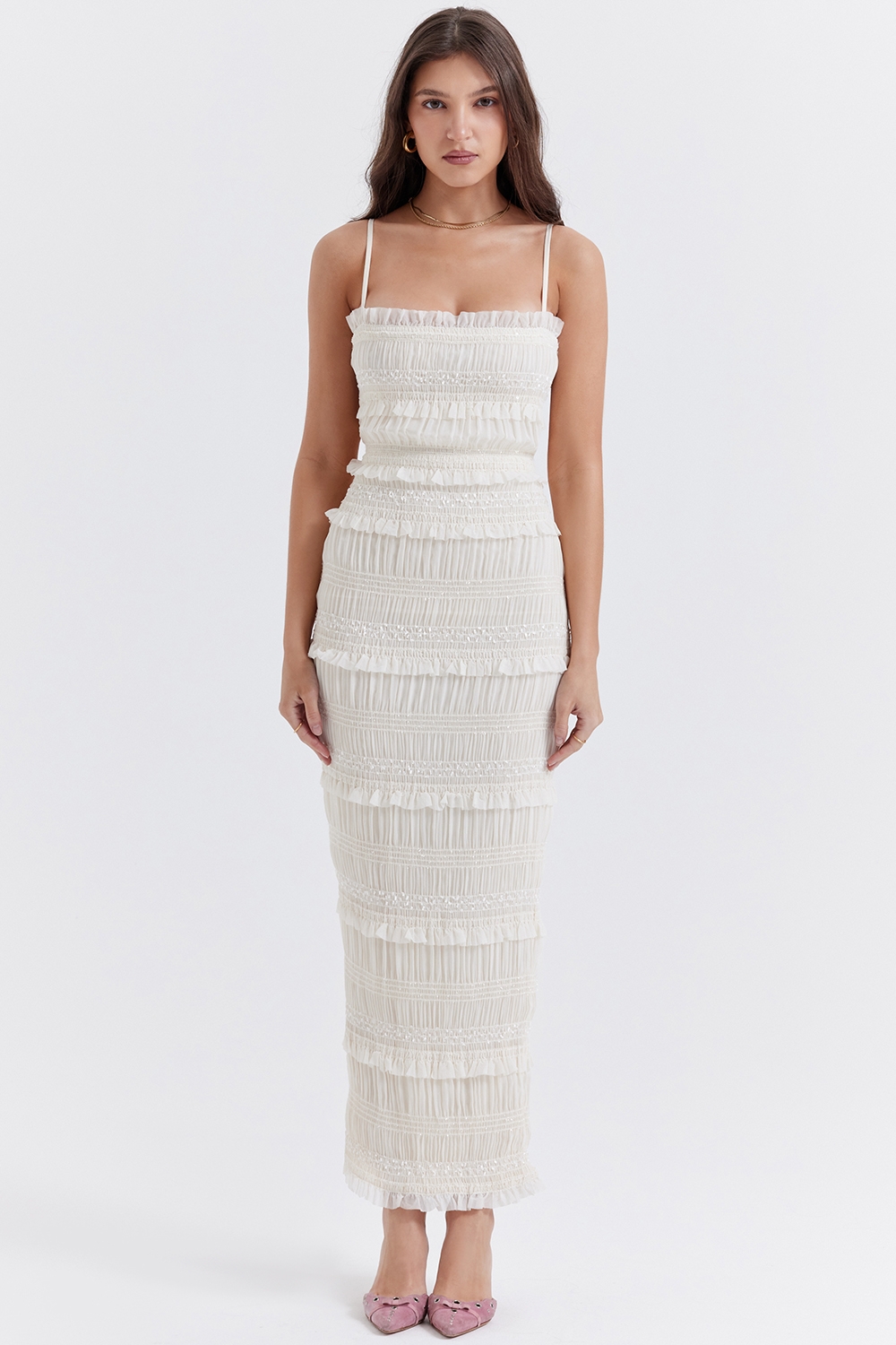 Solana-Ivory Sequin Pleat Maxi Dress