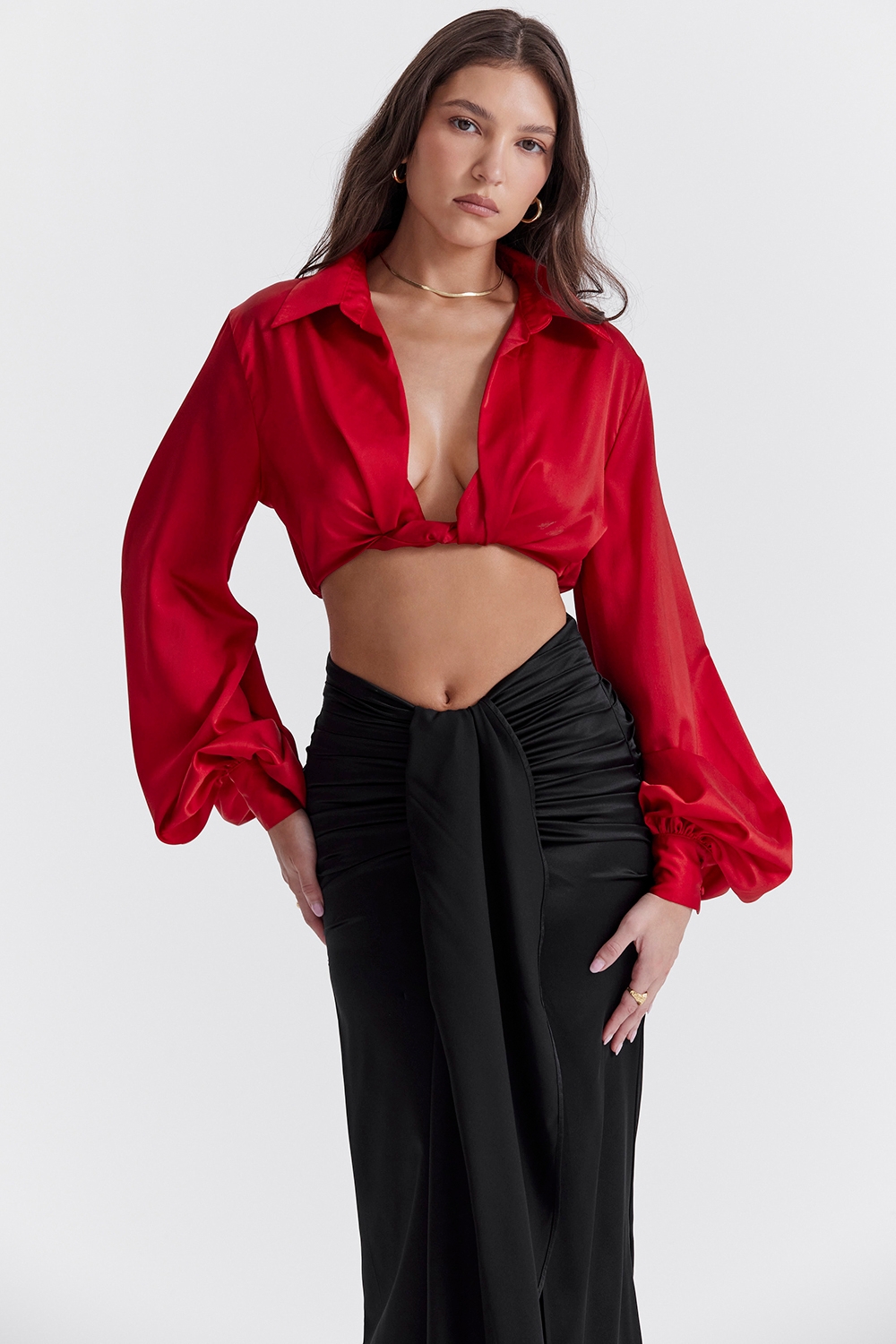 Laraine-Cherry Silk Blouson Top
