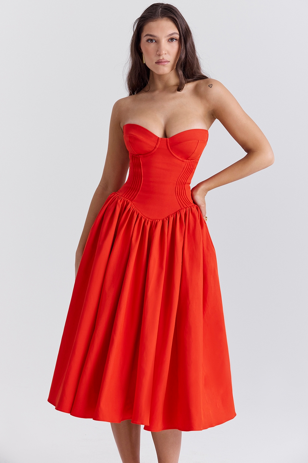 Elizabeth-Italian Tomato Strapless Midi Sundress
