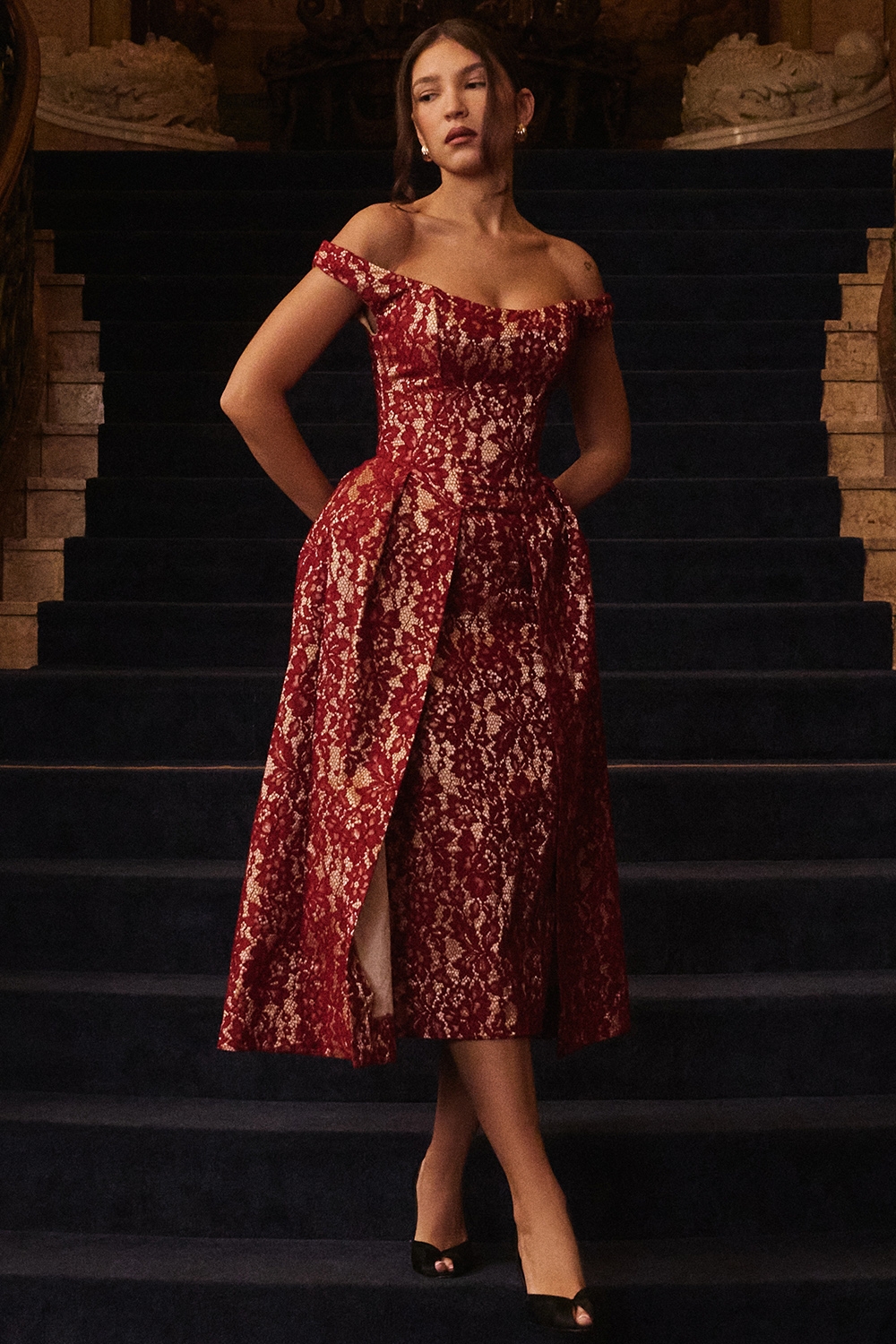 Charming-Gold and Berry Lace Midi Off Shoulder Dress