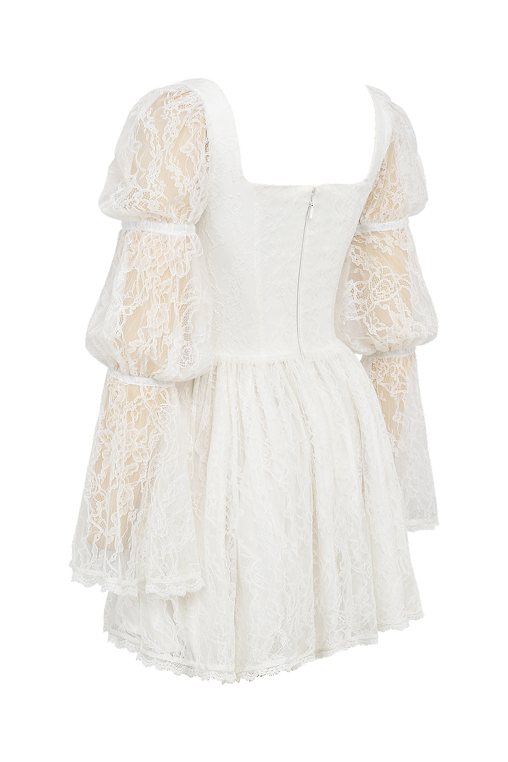 Sancia-White Lace Puff Sleeve Mini Dress