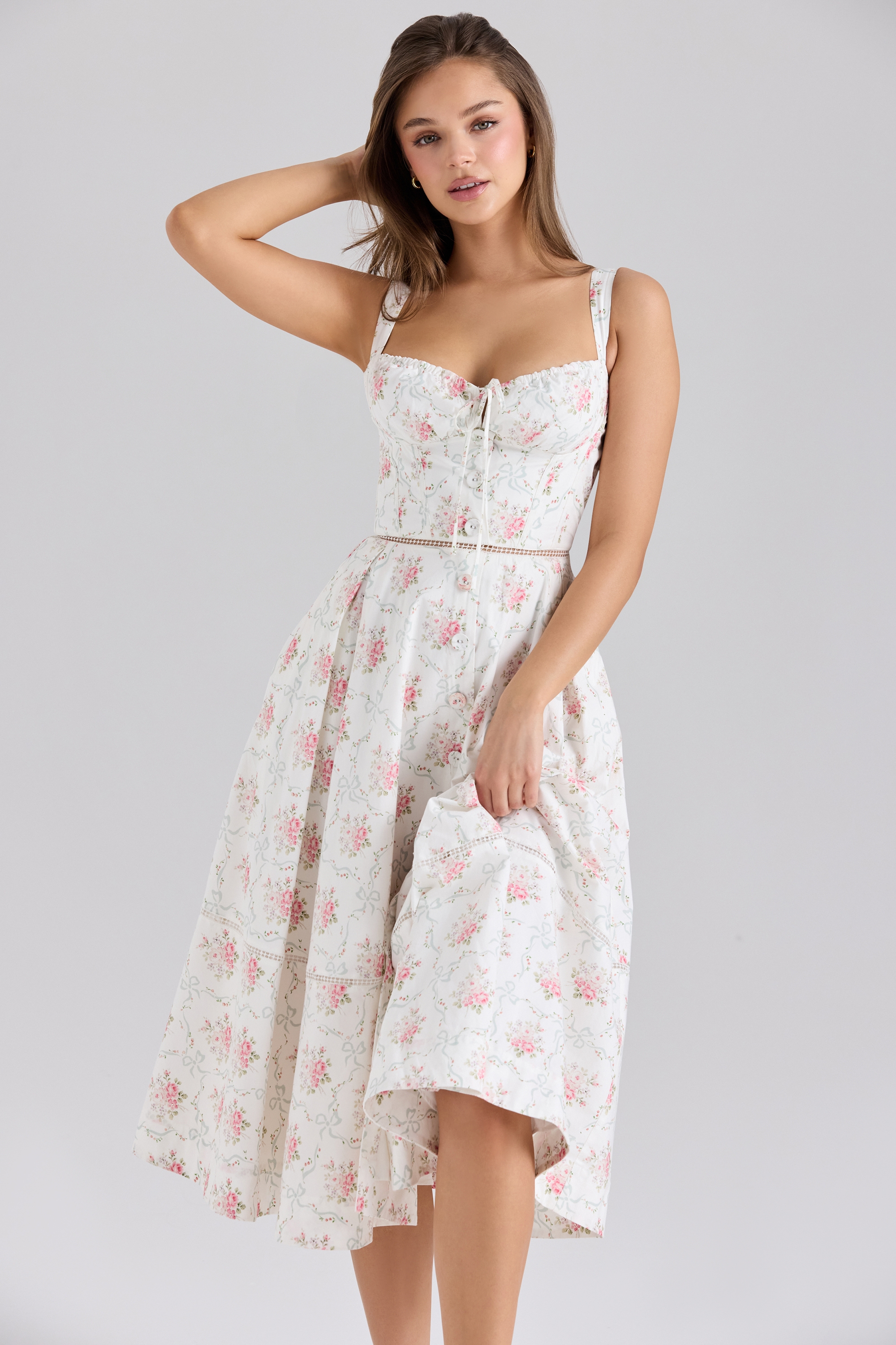 Chiarina-Rose Print Cotton Button Front Midi Dress