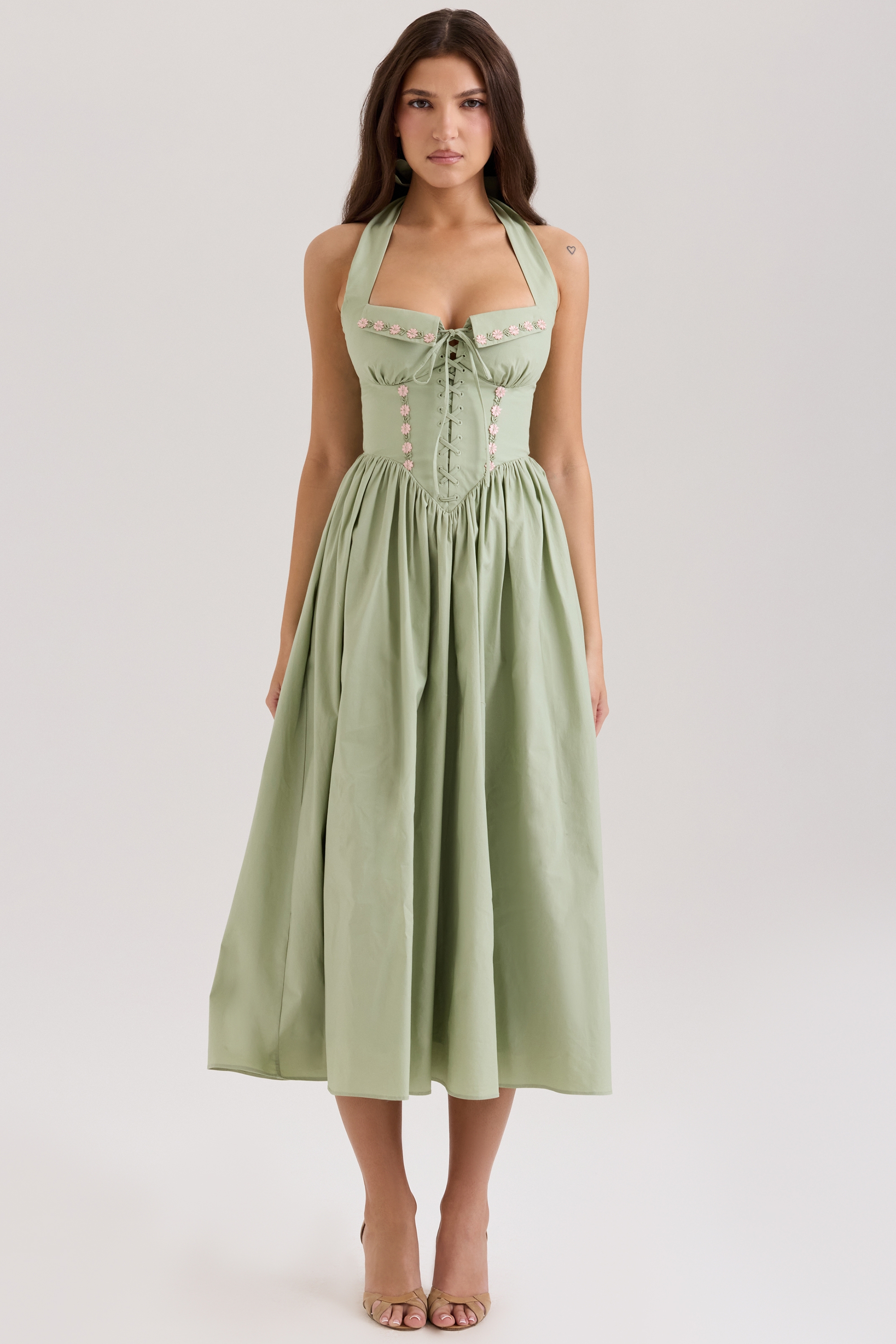 Emilia-Sage Stretch Cotton Halter Neck Midi Dress