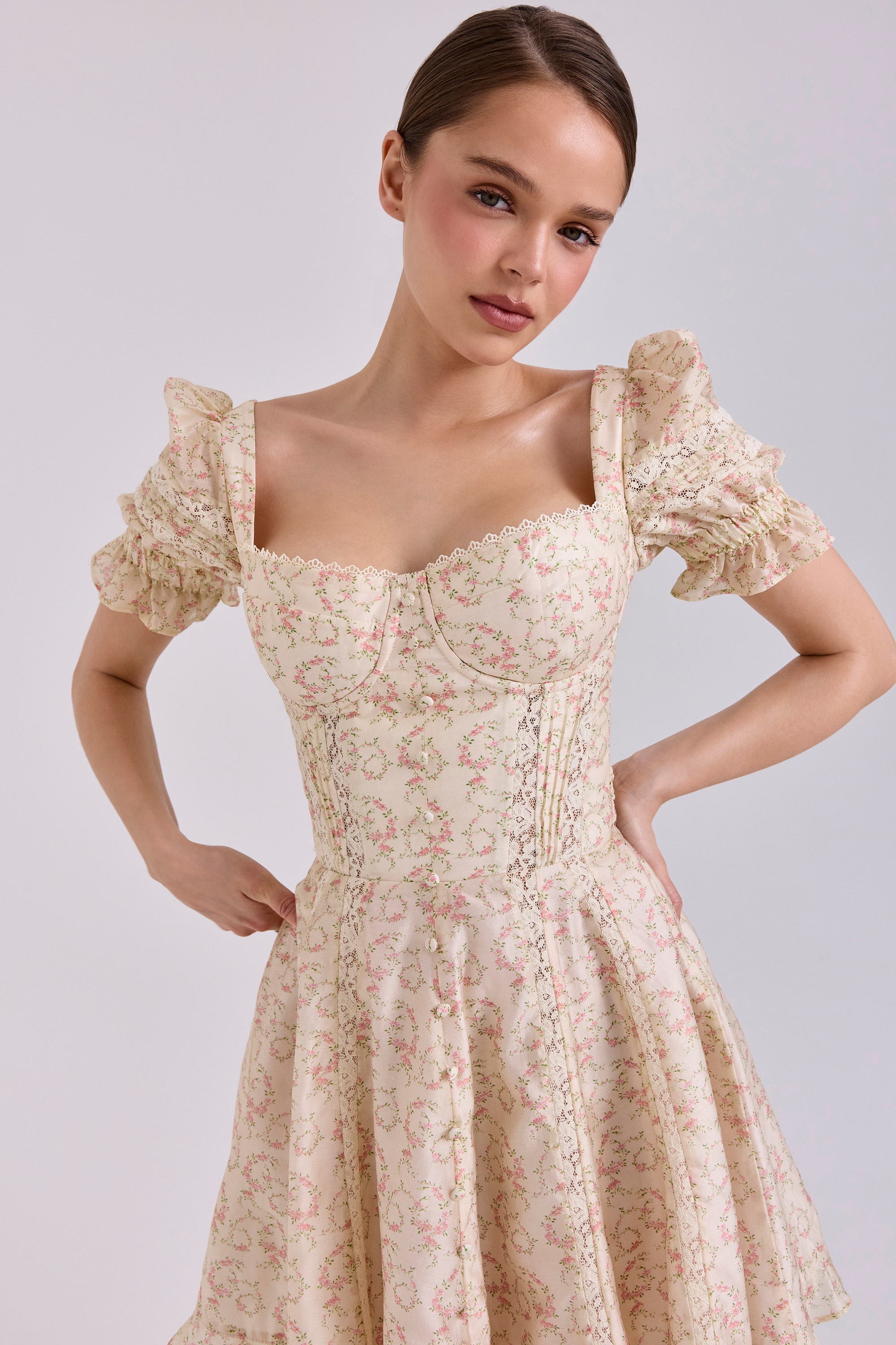 Melita-Cream Floral Print Chiffon Puff Sleeve Mini Dress