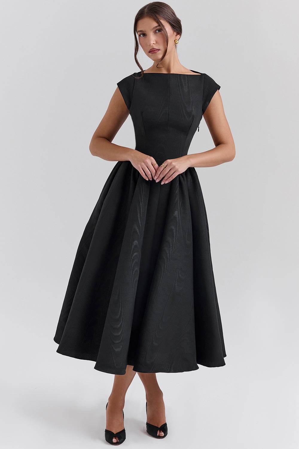 Debutante-Black Moire Satin Backless Midi Dress