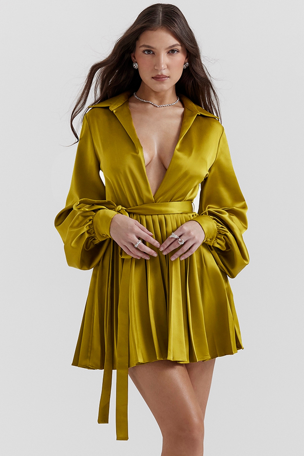 Allegra-Chartreuse Pleated Shirt Dress