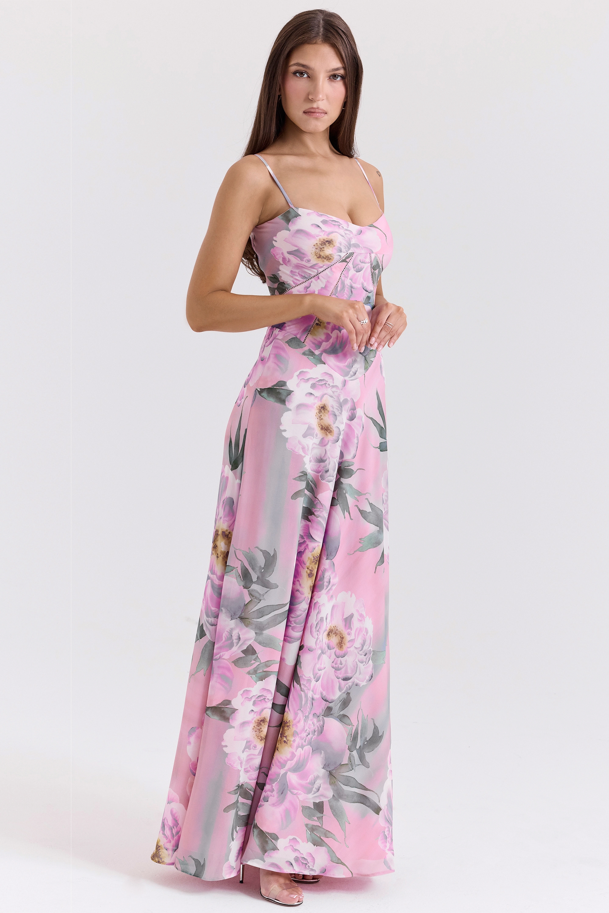 Seren-Pink Floral Print Lace Back Maxi Dress