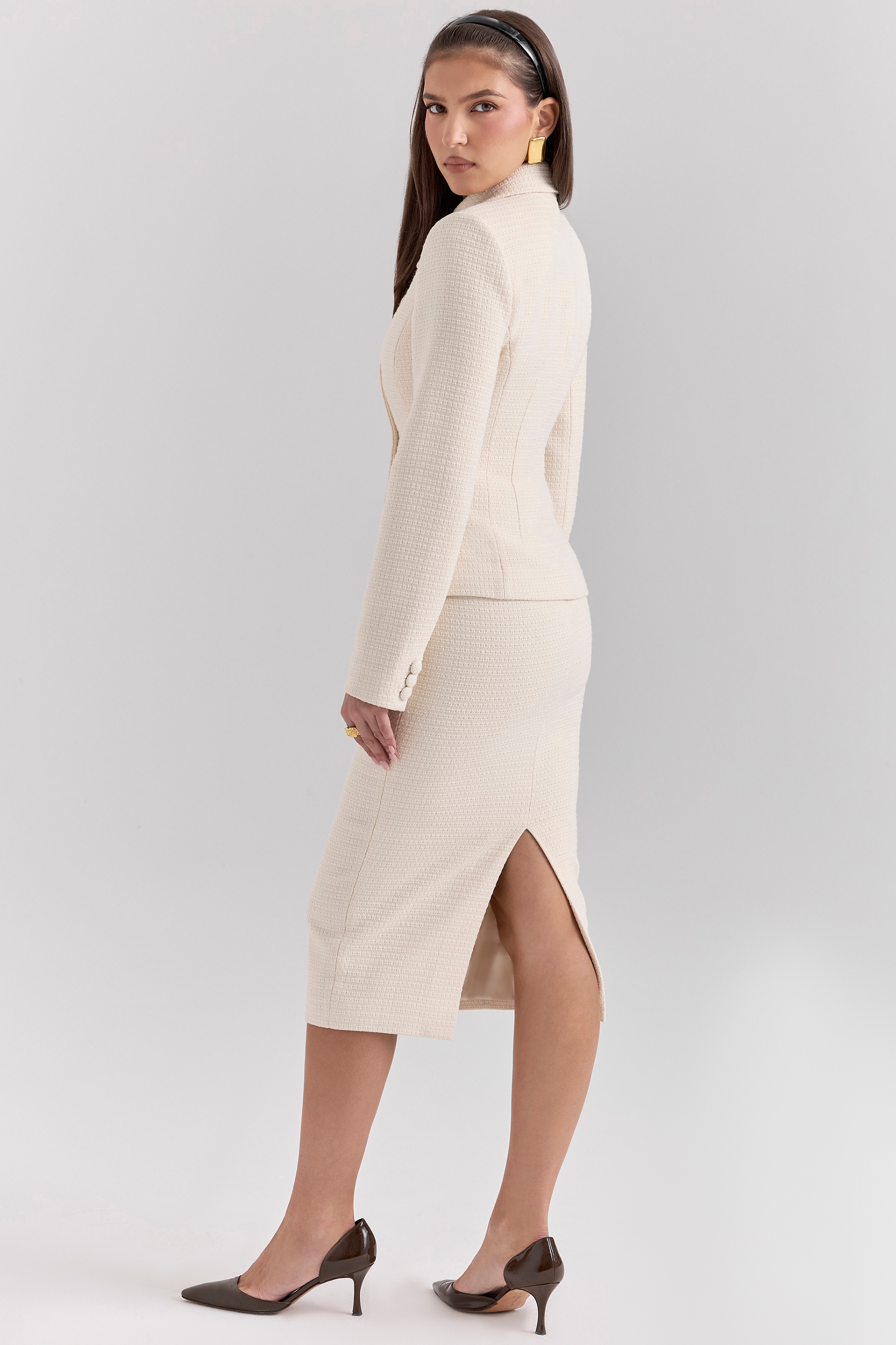 Lena-Cream Boucle Pencil Midi Skirt