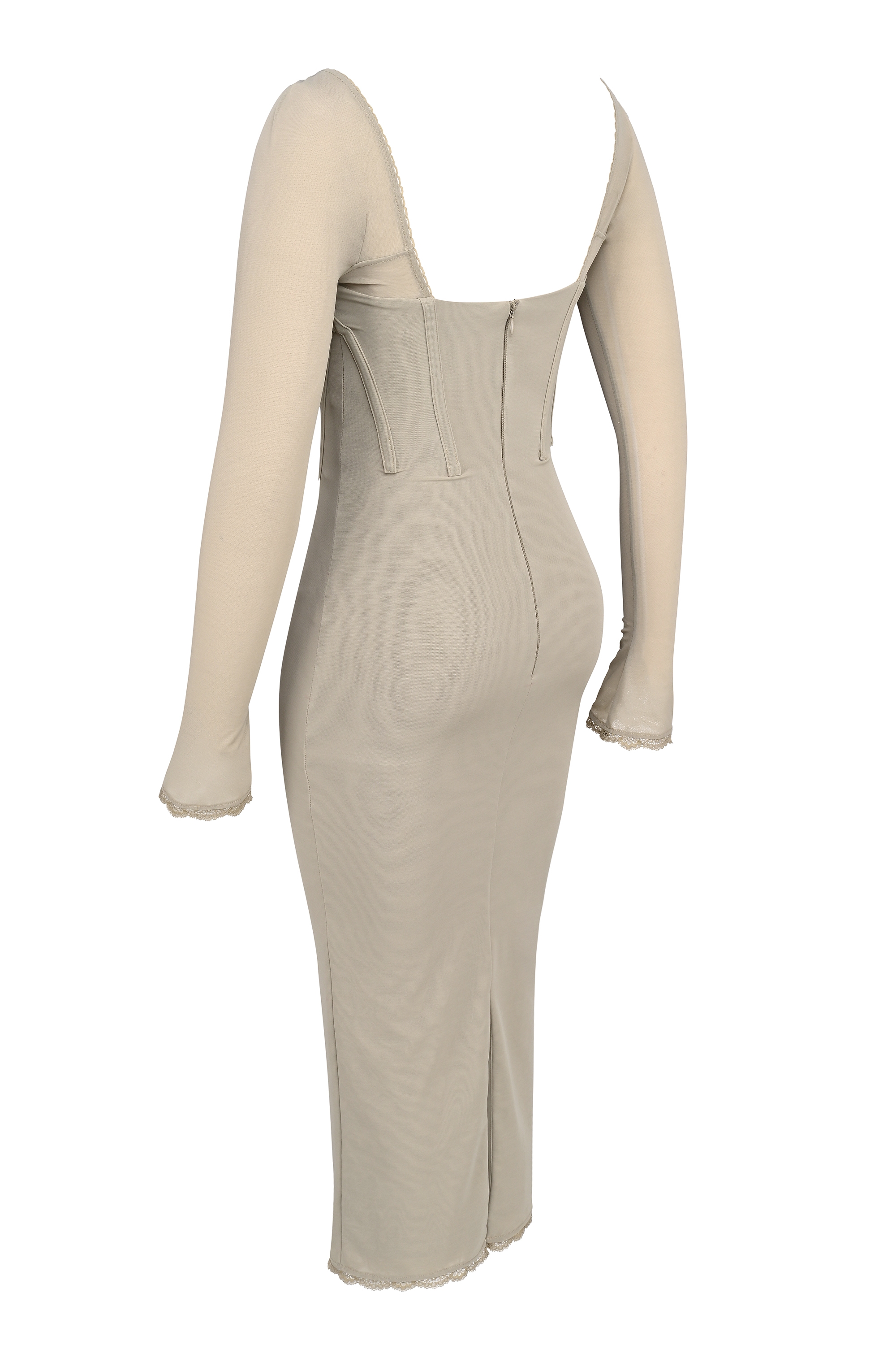 Saisha-Beige Mesh Long Sleeve Bodycon Midi Dress