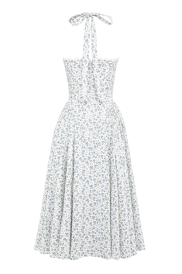 Adabella-White Bluebell Print Cotton Halter Sundress