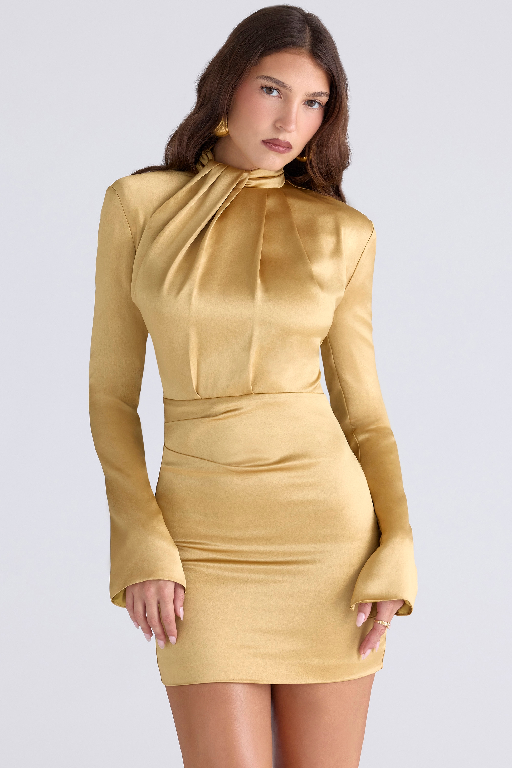 Amala-Gold Long Sleeve Satin Mini Dress