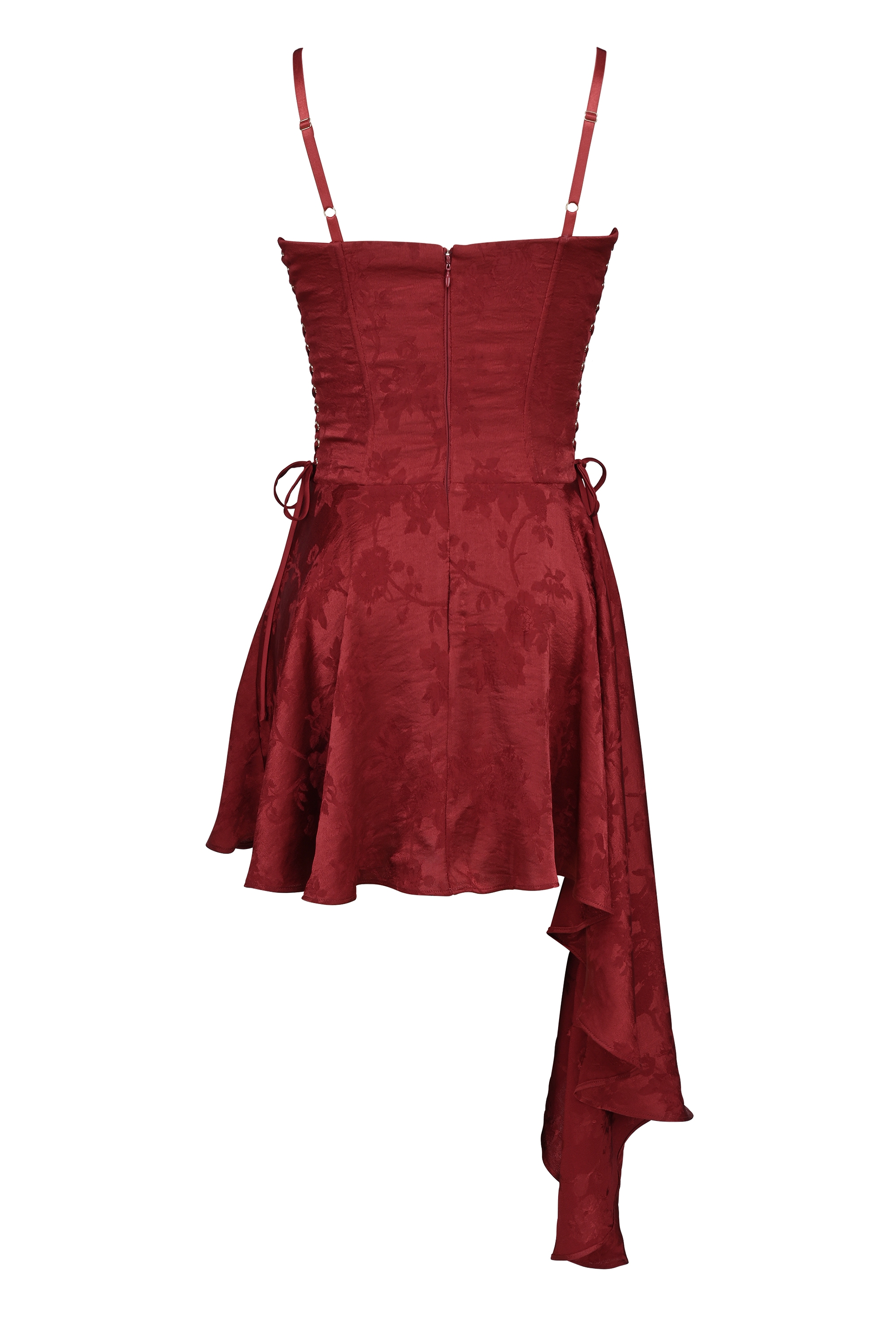 Lola-Wine Jacquard Satin Draped Mini Dress